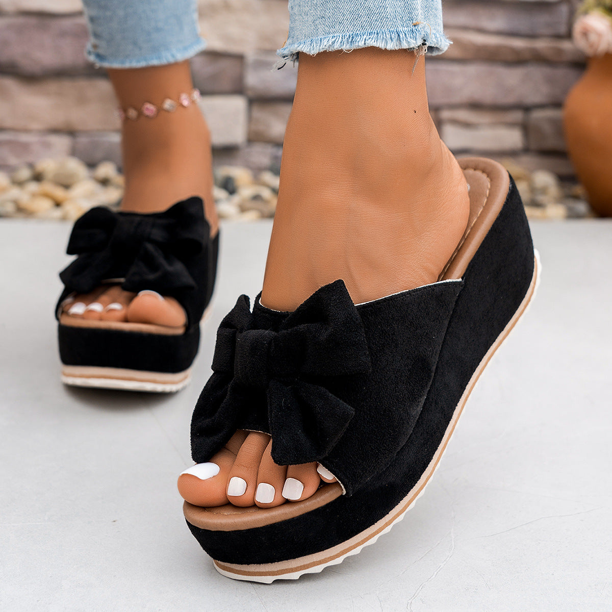 Women’s Sorelle Leopard Print Bow Platform Wedge Slides – Stable Chunky Heel Casual Summer Sandals (US 5–10)