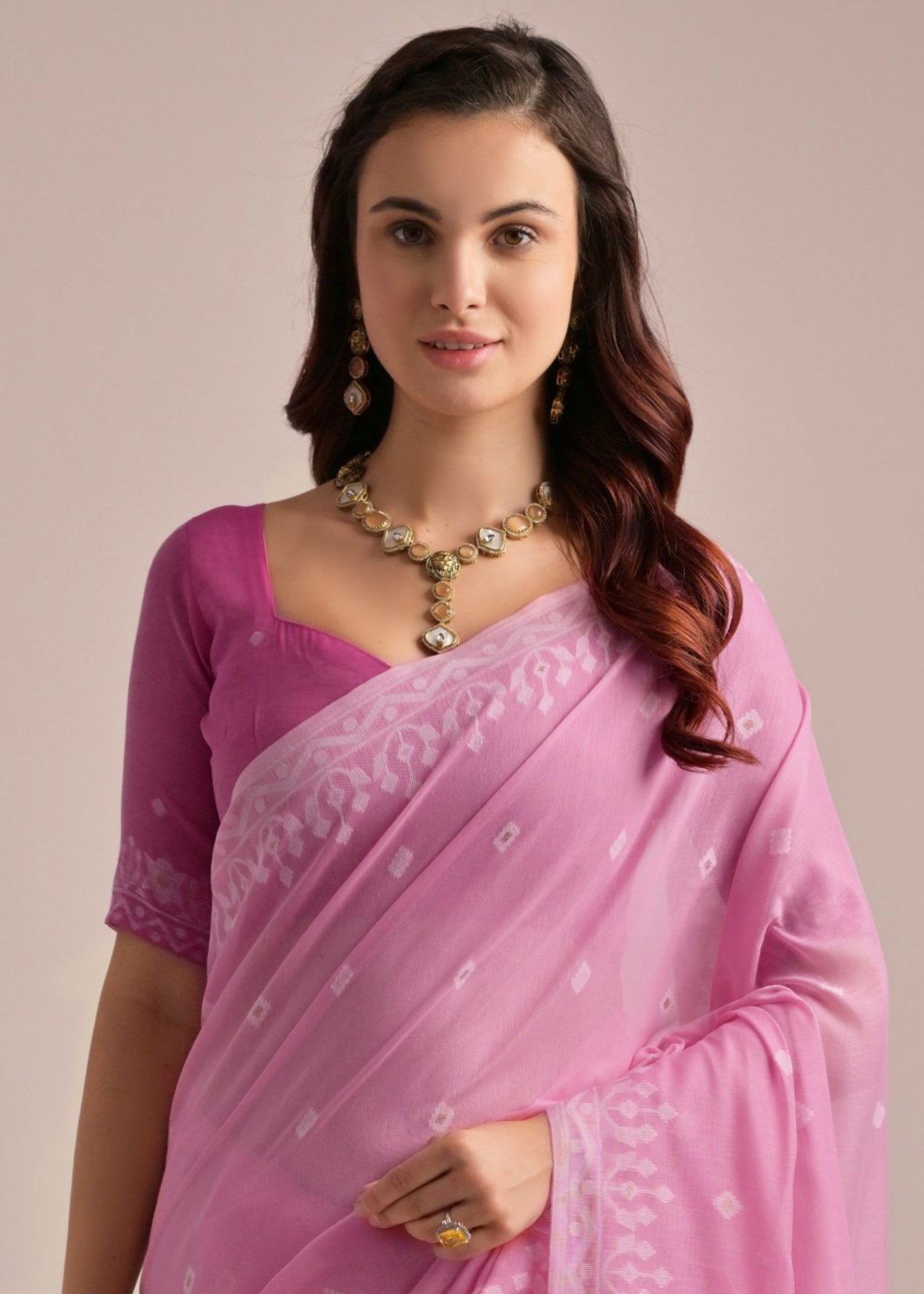 Pink Thread Butti Lakhnawi Weaves Muga Cotton Saree With Contrast Pallu - qivii