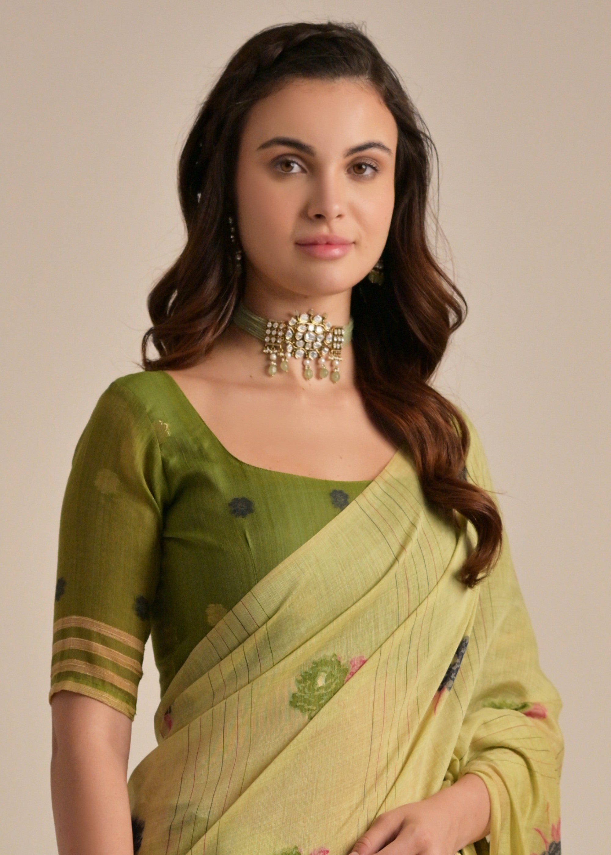 Pista Green Thread Woven Cotton Saree With Contrast Blouse - qivii