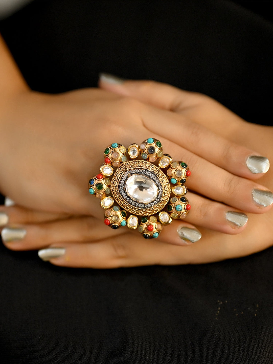 Beautiful Shelly Victorian Navratna Finger Ring with colorful gemstones and intricate design