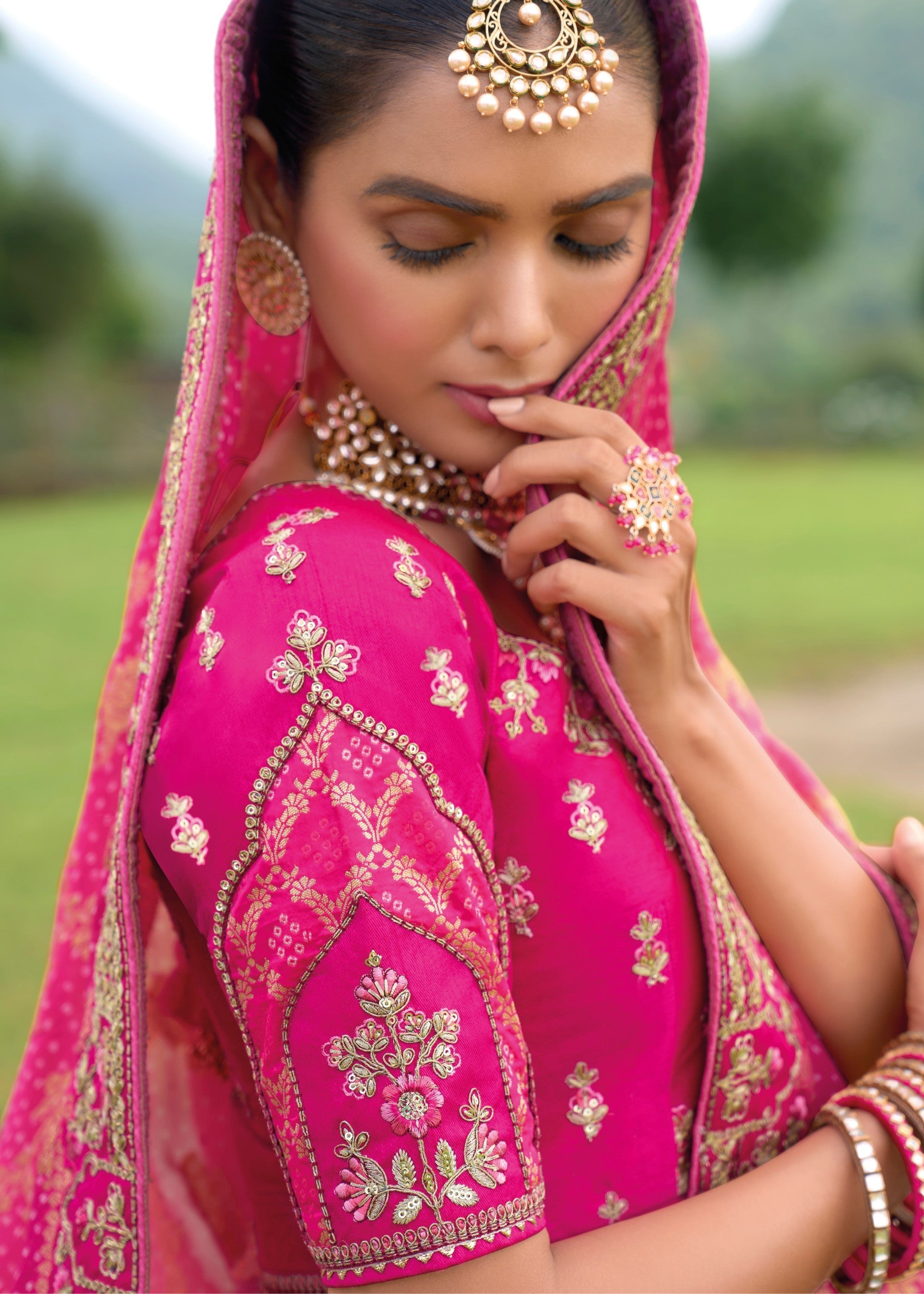 Rani Pink Banarasi Silk Lehenga With Heavy Embroidery Work - qivii