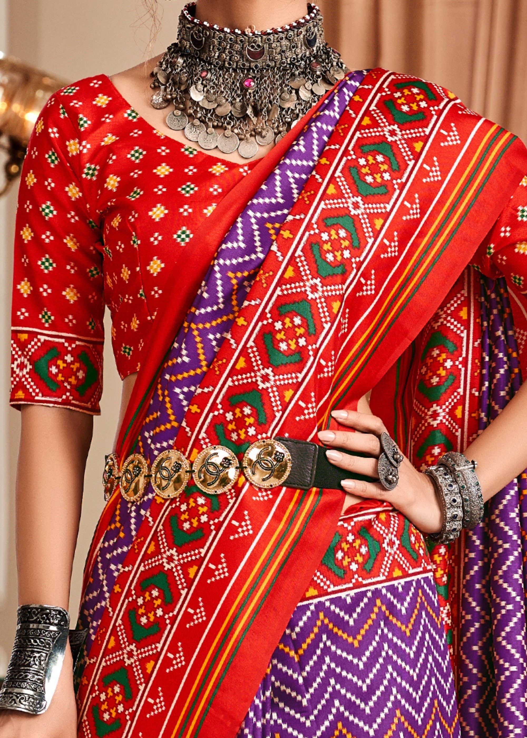 Byzantine Purple Tussar Silk Saree With Beautiful Patola Print - qivii