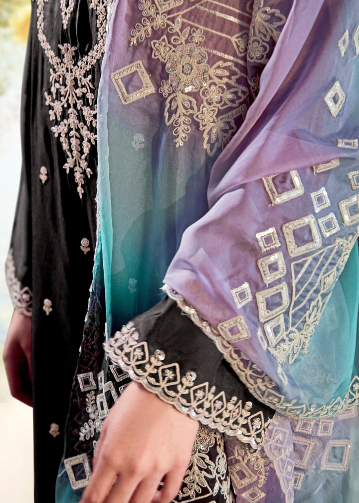 Exquisite Black Modale Silk Salwar Suit With Embroidery displaying the luxurious silk fabric and fine embroidery