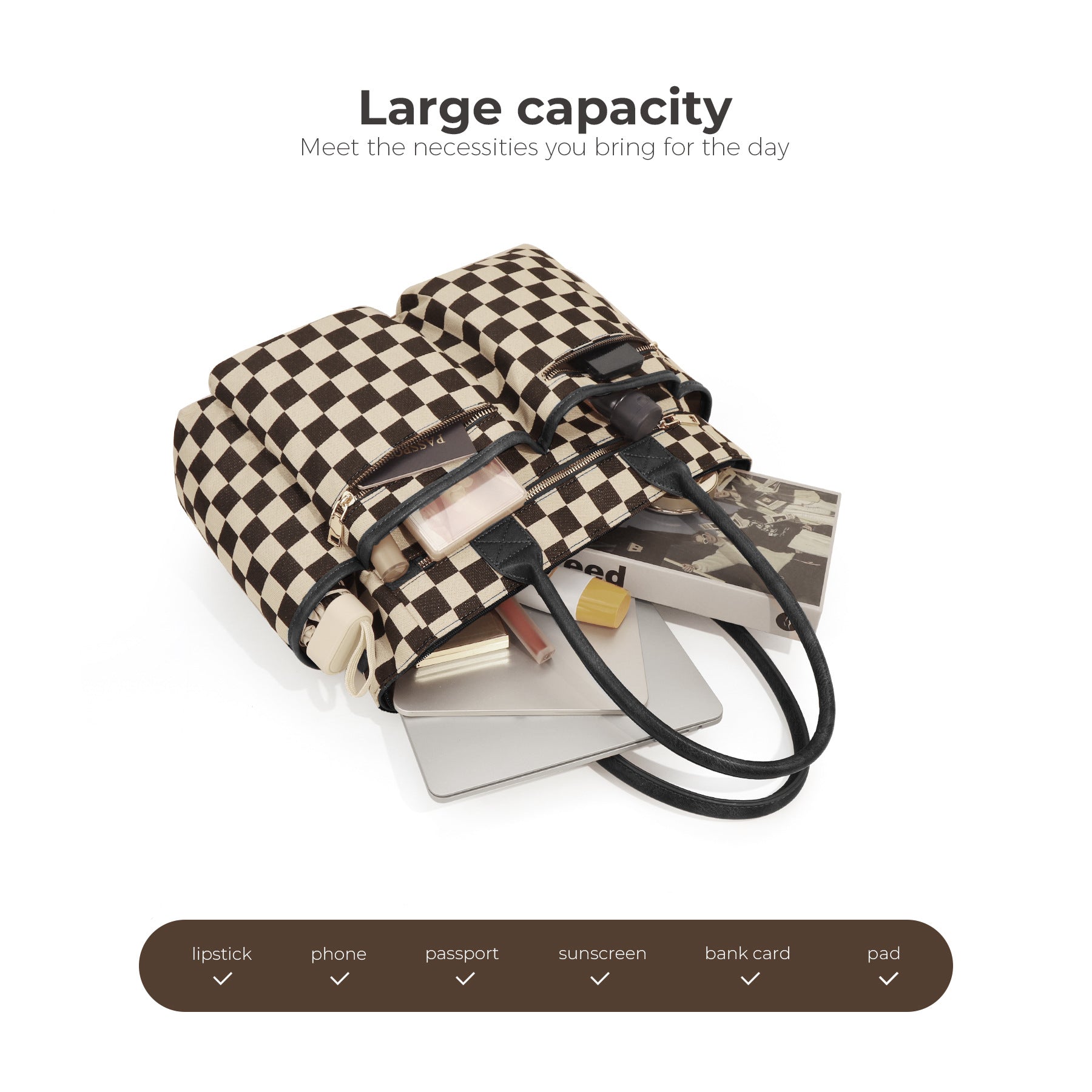 Ounamei Large Checkered Tote Bag for Women | Multi-Pocket Crossbody Shoulder Handbag for Work & Daily Use