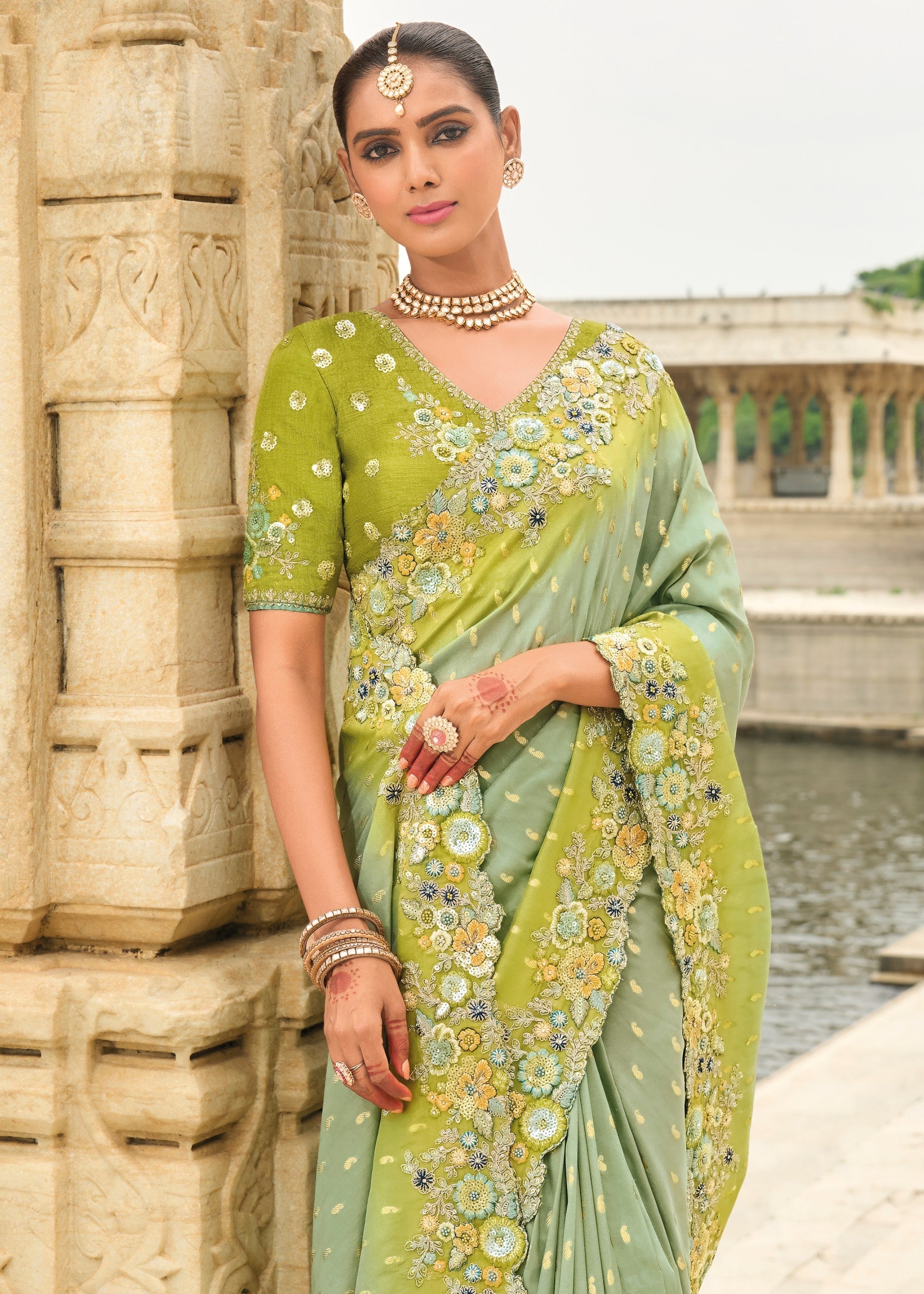 Pistachio Green Viscose Tissue Silk Saree With Embroidery Cut Work Border And Sequence Work - qivii