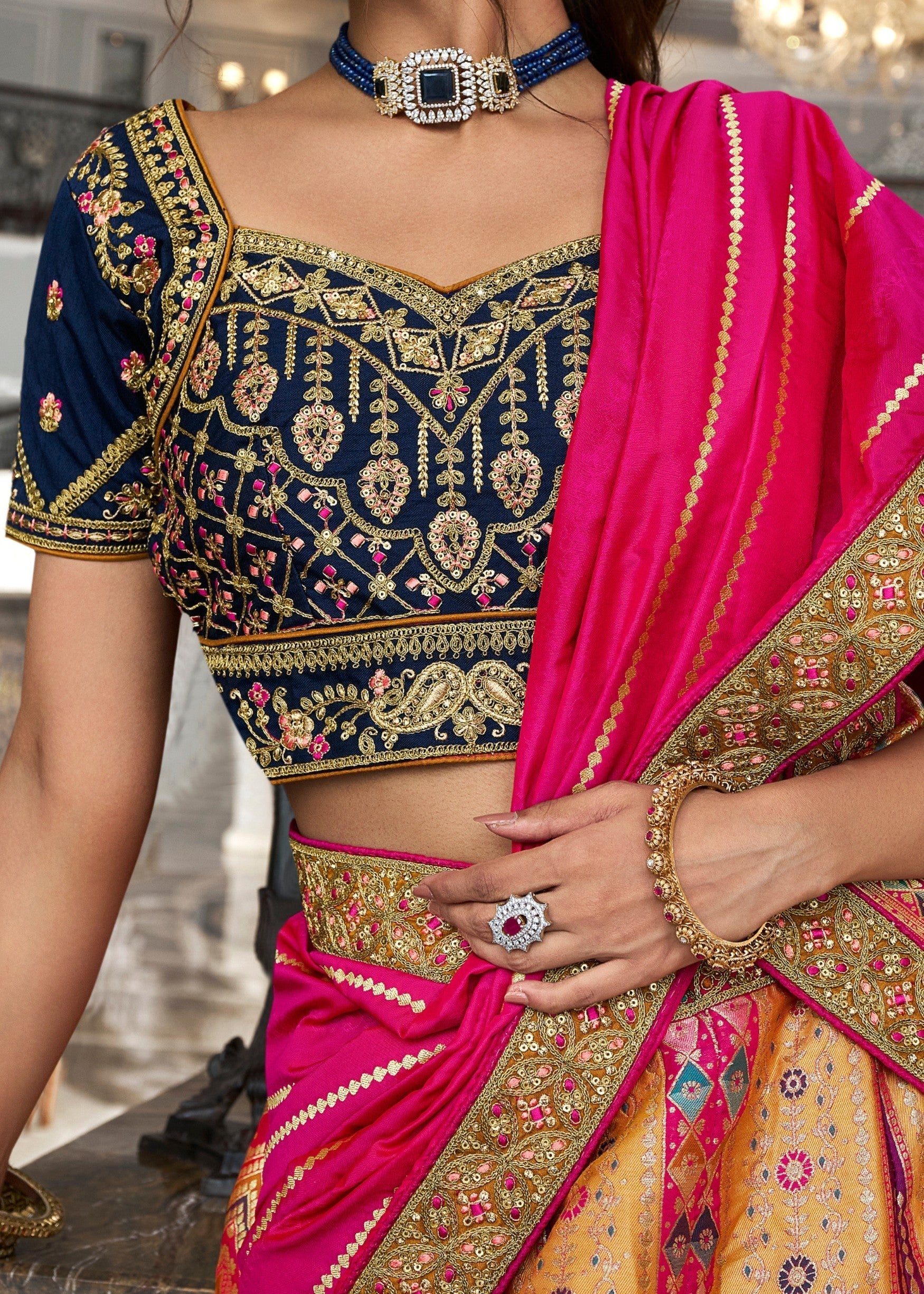 Dark Blue & Bright Pink Banarasi Silk Lehenga with Zarkan Codding work | Ready To Wear - qivii