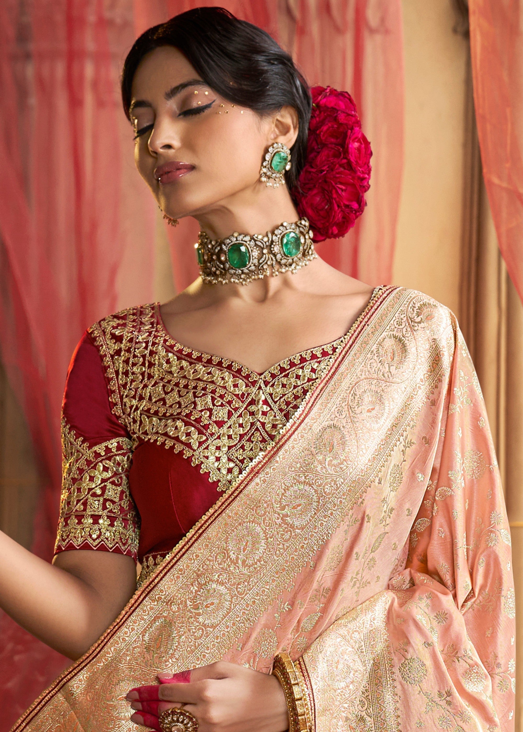 Peach Satin Silk Saree With Beautiful Lace Border And Heavy Designer Embroidered Blouse - qivii