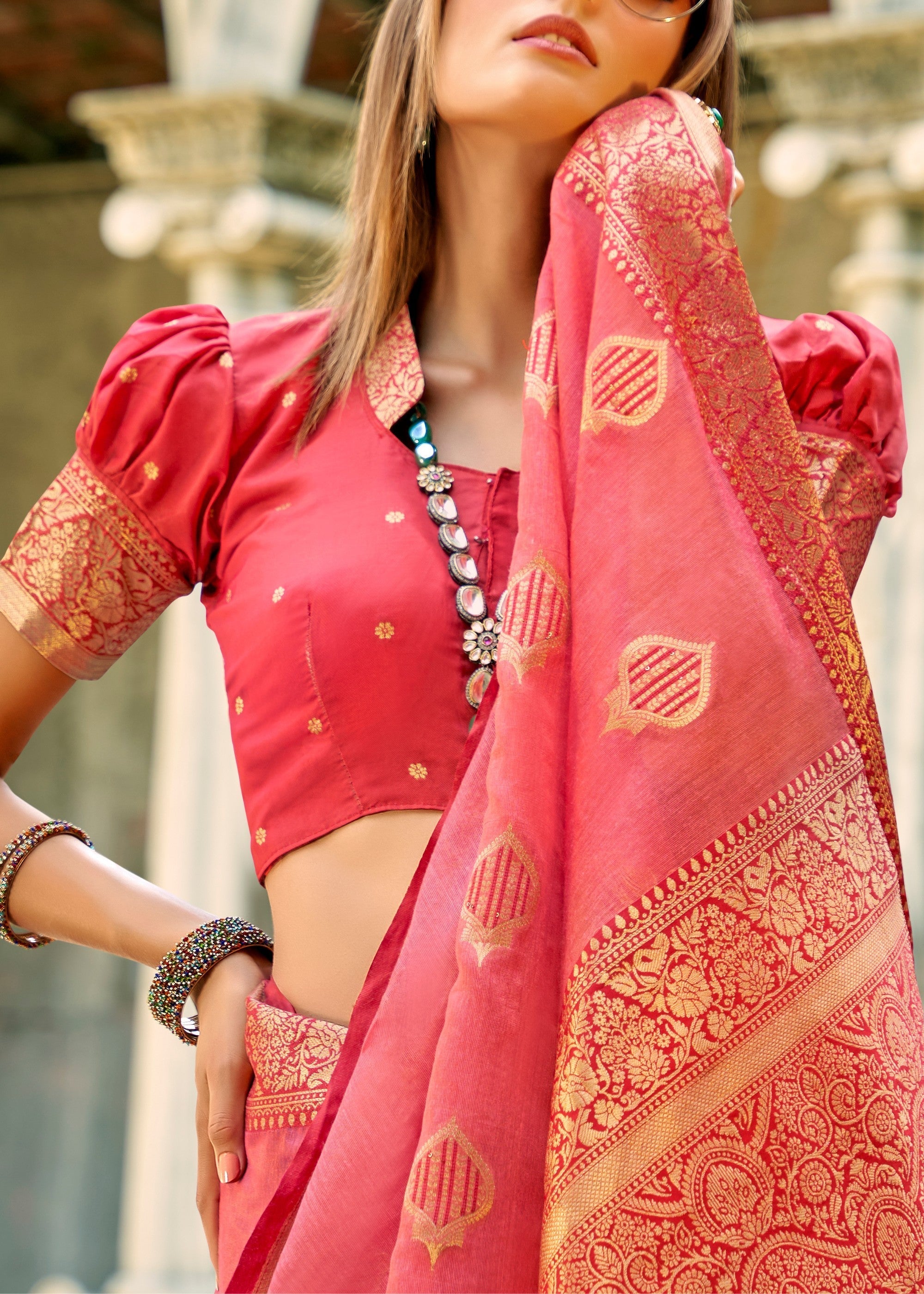 Coral Pink Soft Tissue Silk Saree With Contrast Border - qivii