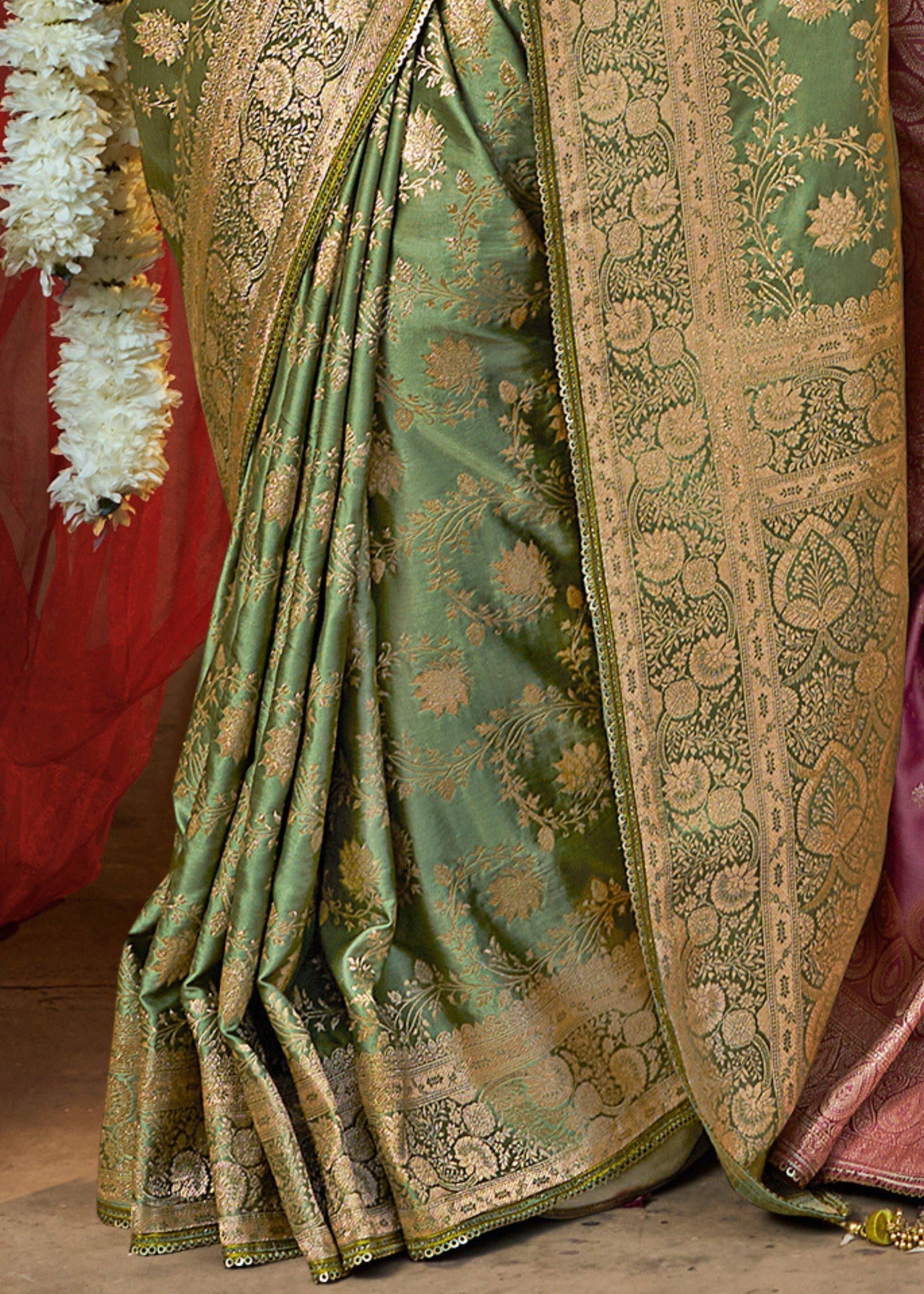 Paris Green Satin Silk Saree With Beautiful Lace Border And Heavy Designer Embroidered Blouse - qivii
