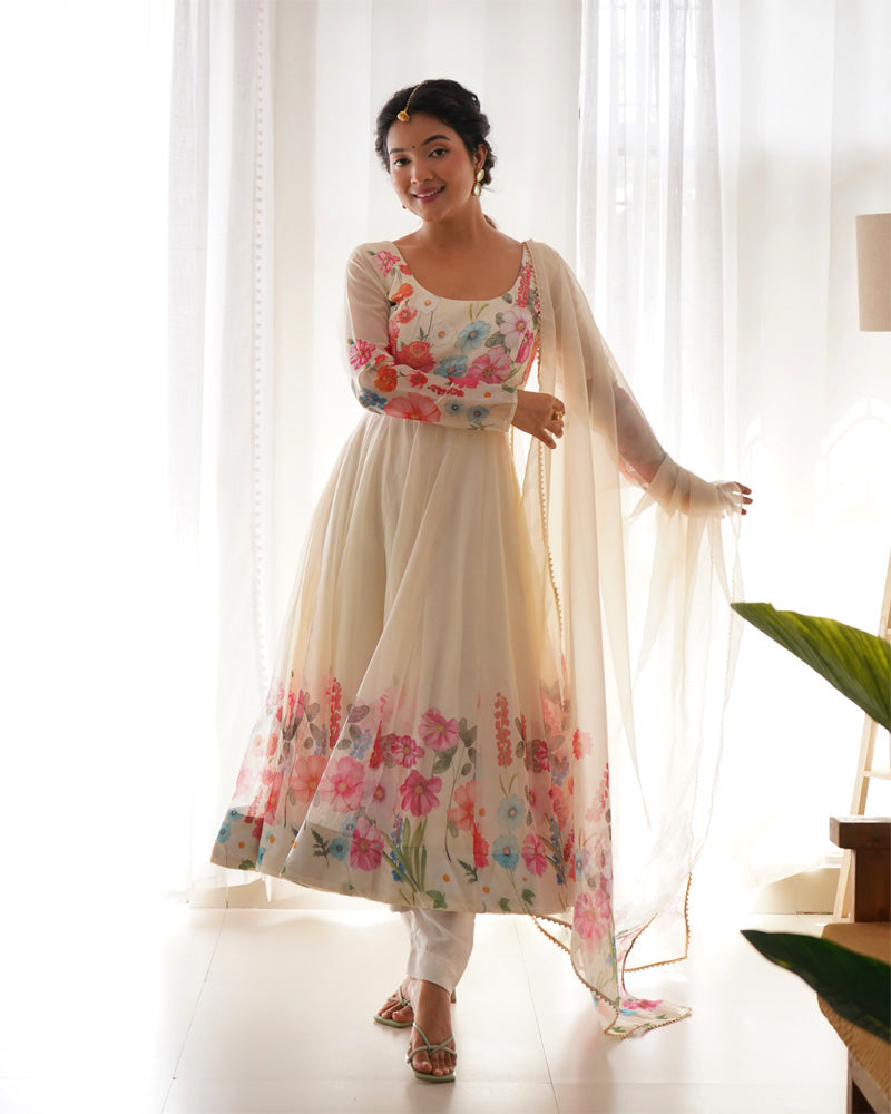 Off White Floral Print Organza Three Piece Anarkali Suit  - By Qivii