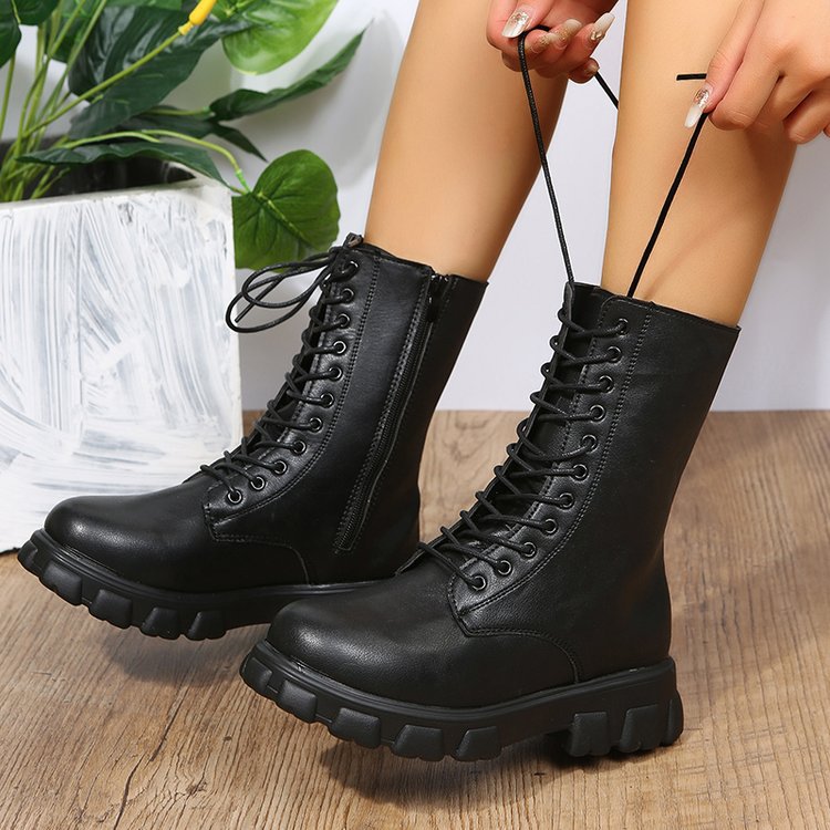 Chunky Platform Combat Boots - Lace-Up Mid Calf Boots with Side Zipper & Elastic Gore (US 4-10.5)