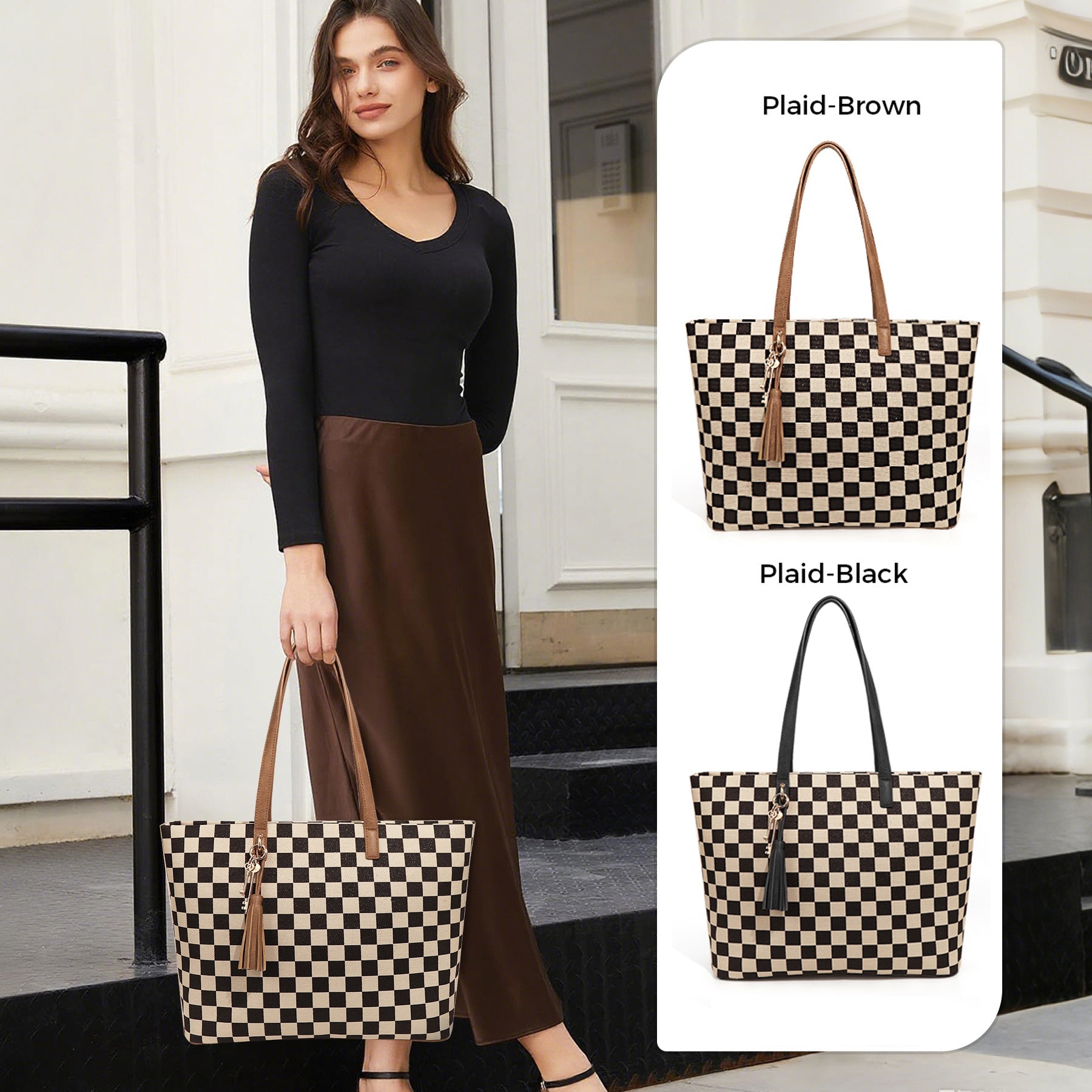 Ounamei Checkered Tote Bag for Women | Large Laptop Work Bag with Matching Pouch, Top Handle & Shoulder Carry