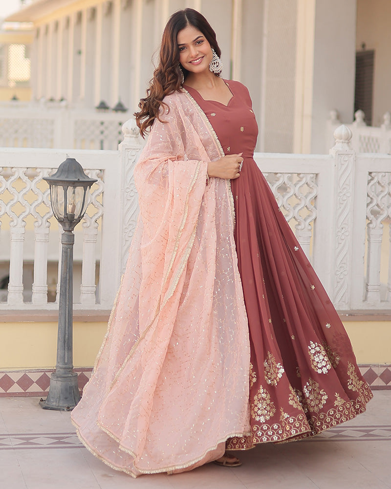 Chocolate Color Full Floor Length Anarkali Gown With Sequence Embroidery Dupatta  - By Qivii