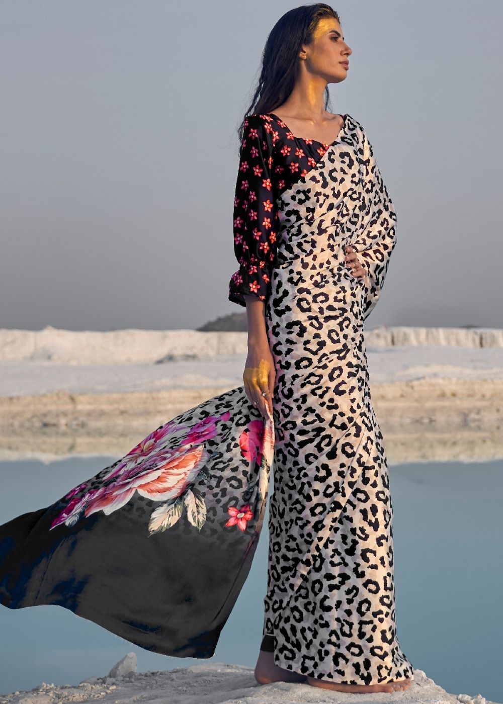 Beautiful black and white leopard print crepe silk saree, perfect for any occasion