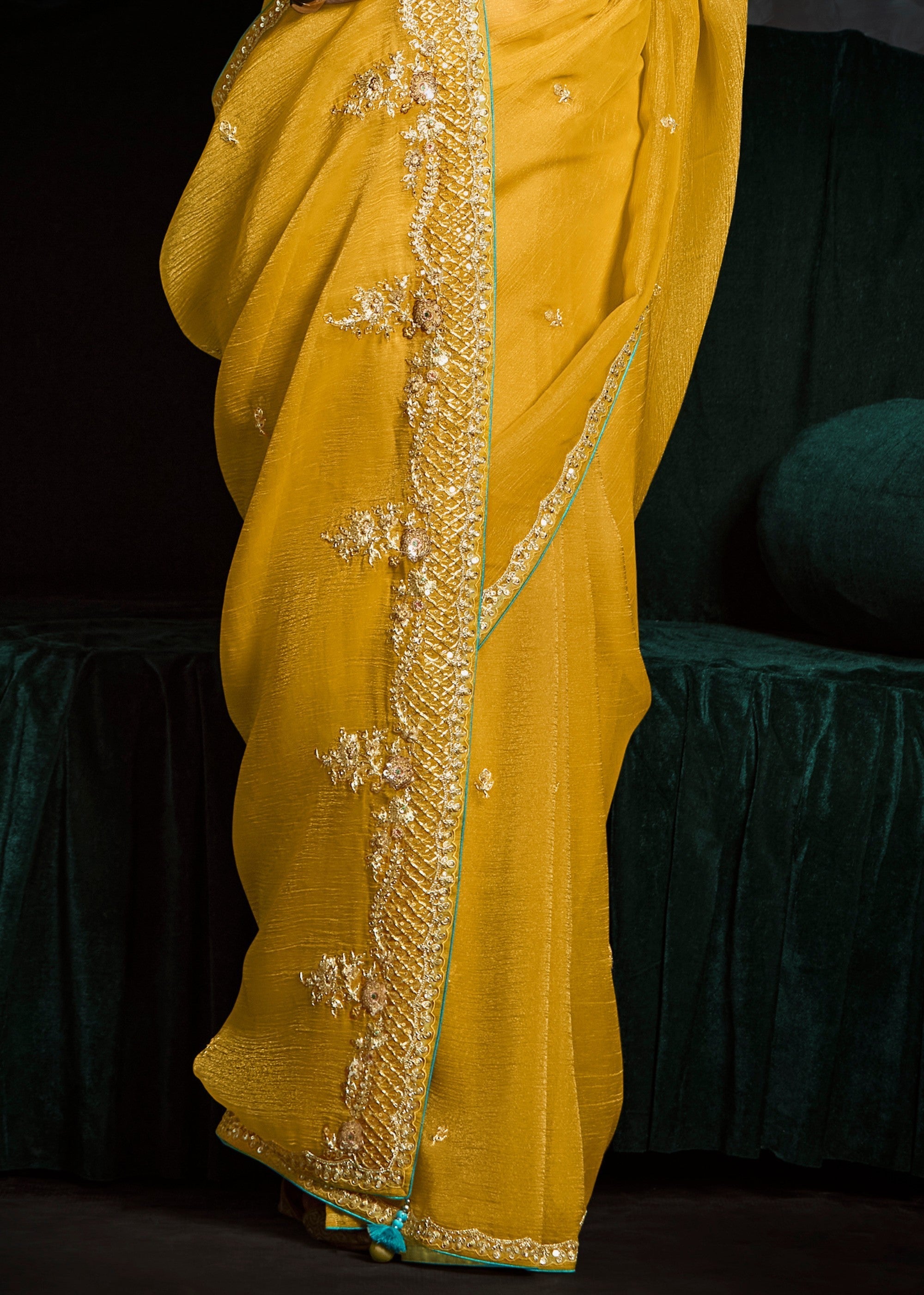 Sunflower Yellow Fancy Fabric Silk Saree With Sequins And Thread Embroidered Butti Work - qivii