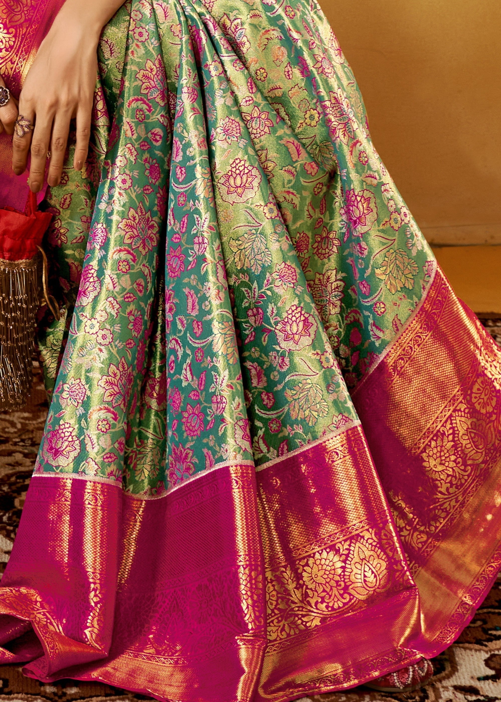 Pink and Green Handloom Dharamavaram Silk Saree - qivii