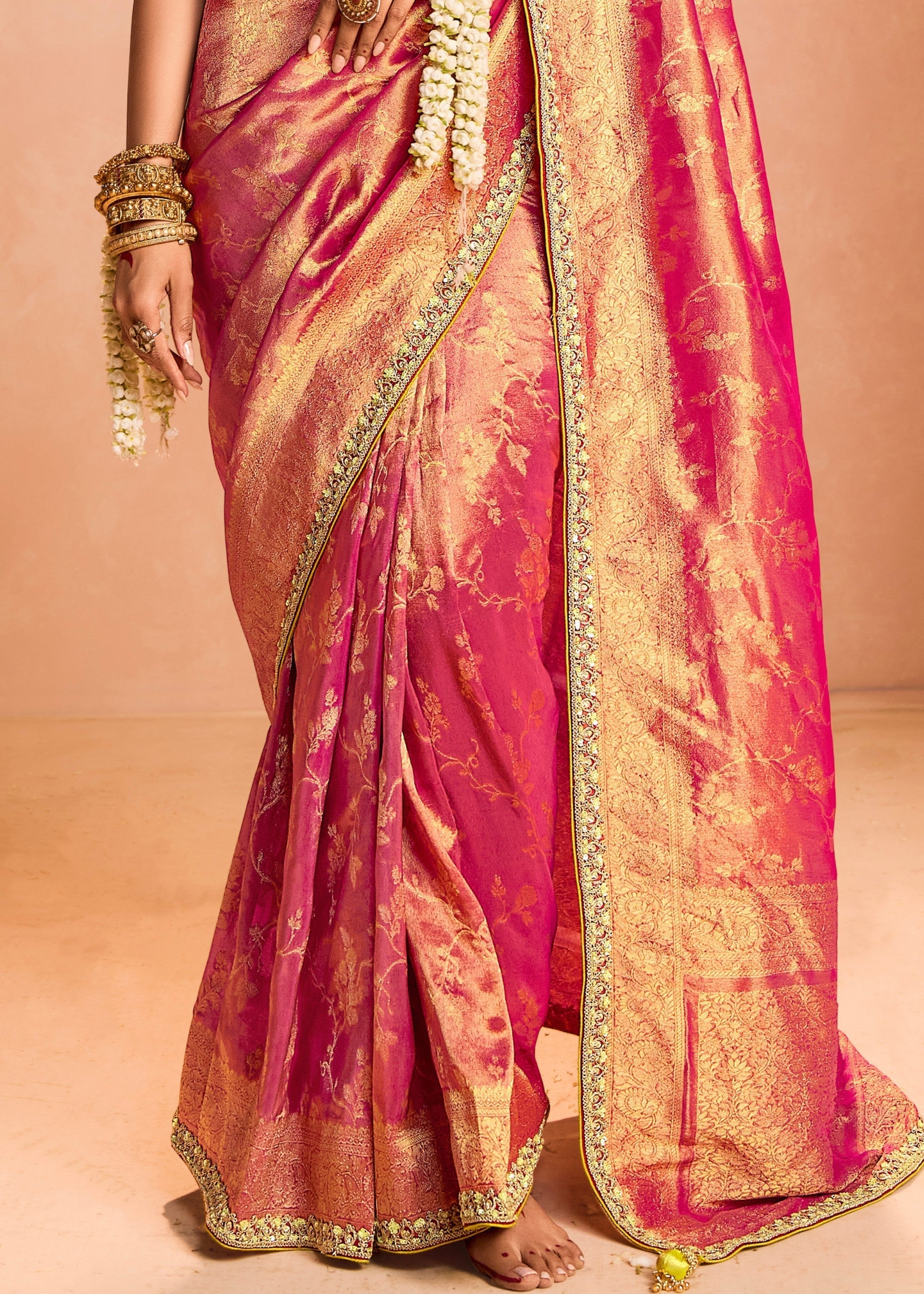 Rani Pink Zari Tissue Silk Saree With Weaving Work And Heavy Embroidery Lace - qivii