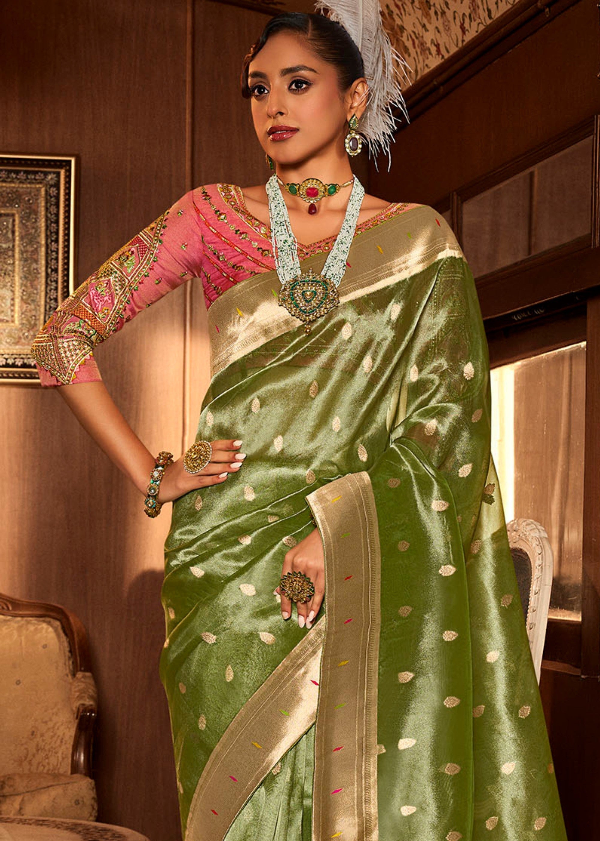 Pear Green Pure Tissue Paithani Silk Saree with Heavy Designer Embroidered Blouse - qivii