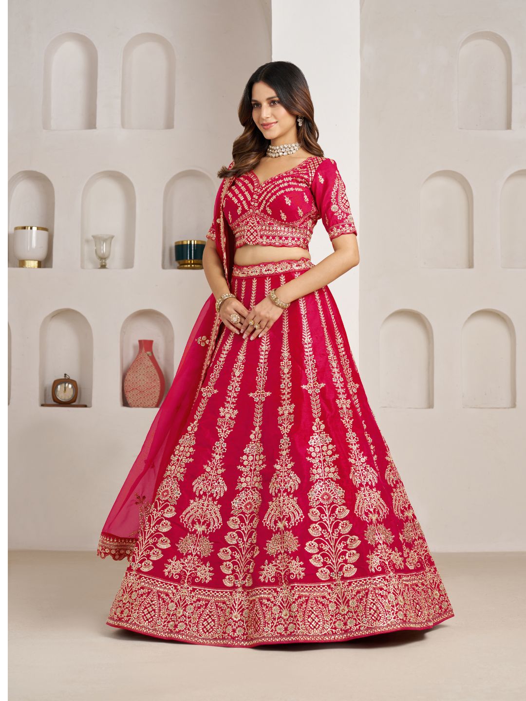 Classic Rani Silk Bridal Lehenga with Floral Zari Embroidery