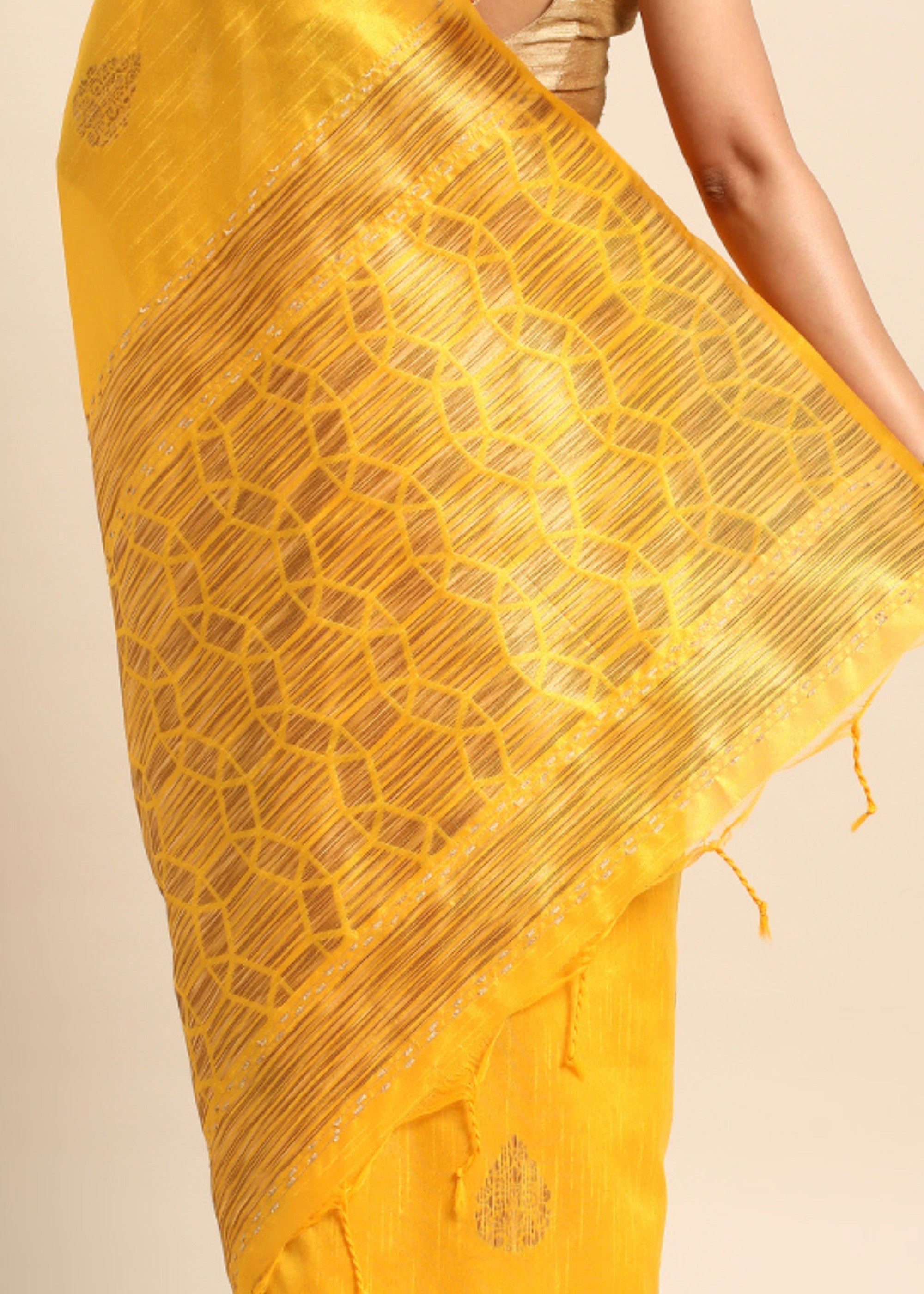 Golden Yellow Denim Blue Woven Handloom Raw Silk Saree - qivii