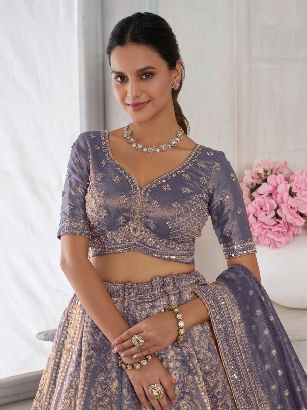 Luxurious Purple Jari Tissue Lehenga Adorned with Delicate Beadwork