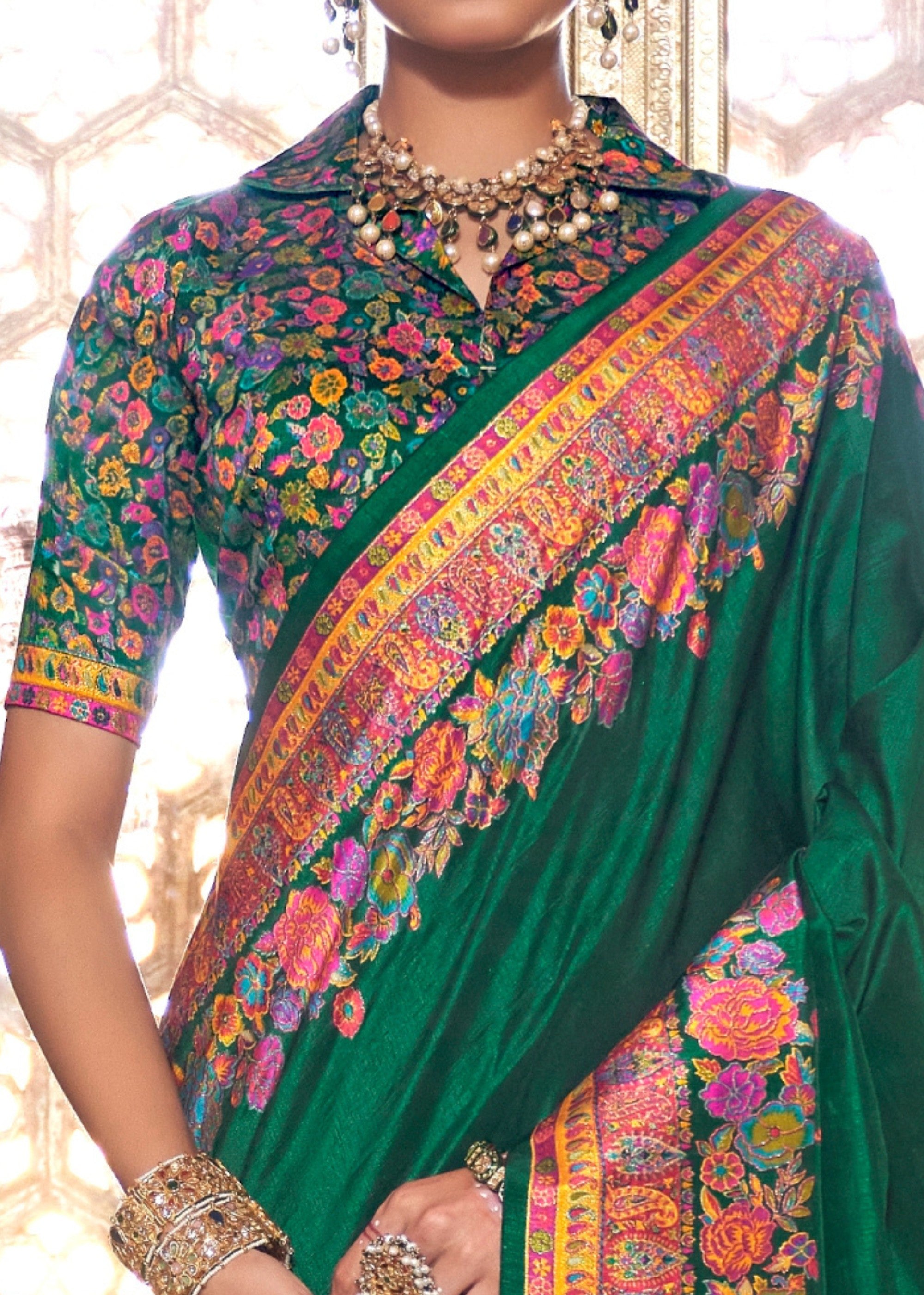 Pine Green Silk Saree With Luxury Print And Glory Finish - qivii