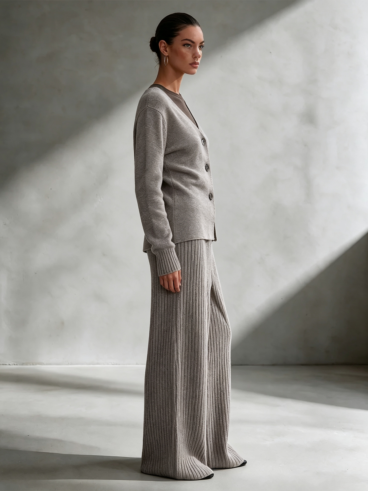 Women's V-neck Diagonal Button Knit Top & Vertical Rib Wide Leg Knit Pants Set