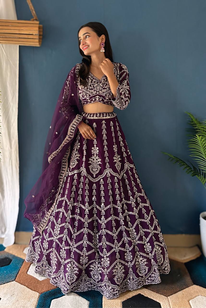 PURPLE FAUX GEORGEET WITH EMBROIDERY SEQUENCE DESIGN WORK LEHENGA - INSPIRED | Ready To Wear - qivii