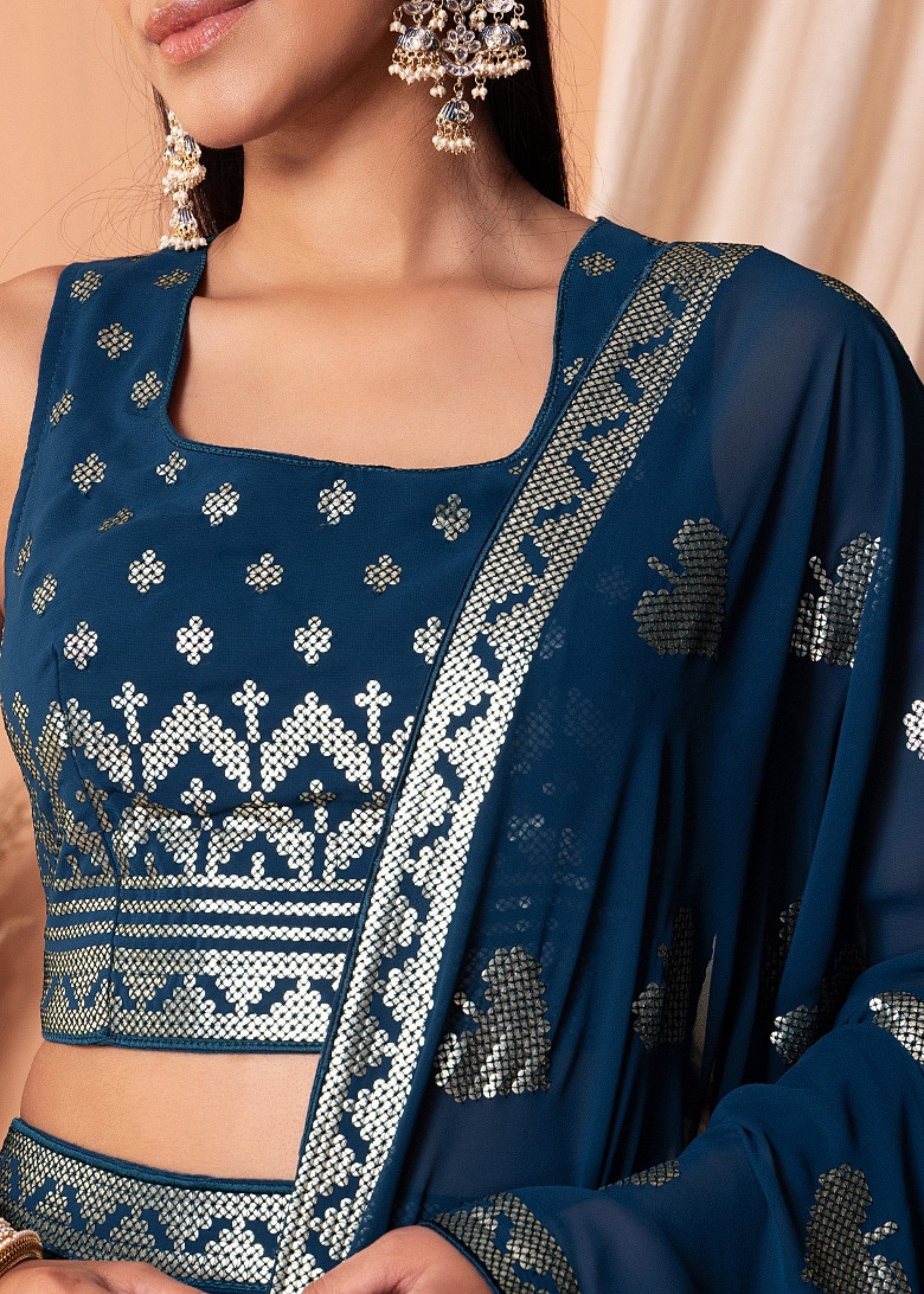 Royal Blue Georgette Lehenga Choli With Sequins And Thread Embroidery Work | Ready To Wear - qivii