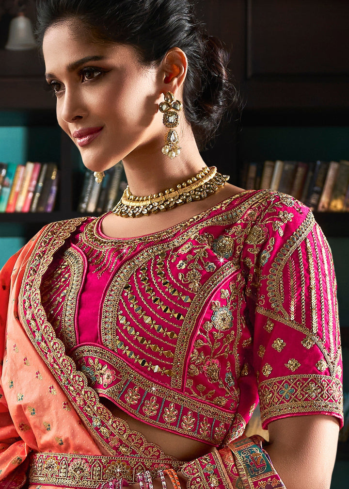 Coral Pink Banarasi Silk Lehenga with Zarkan Codding work