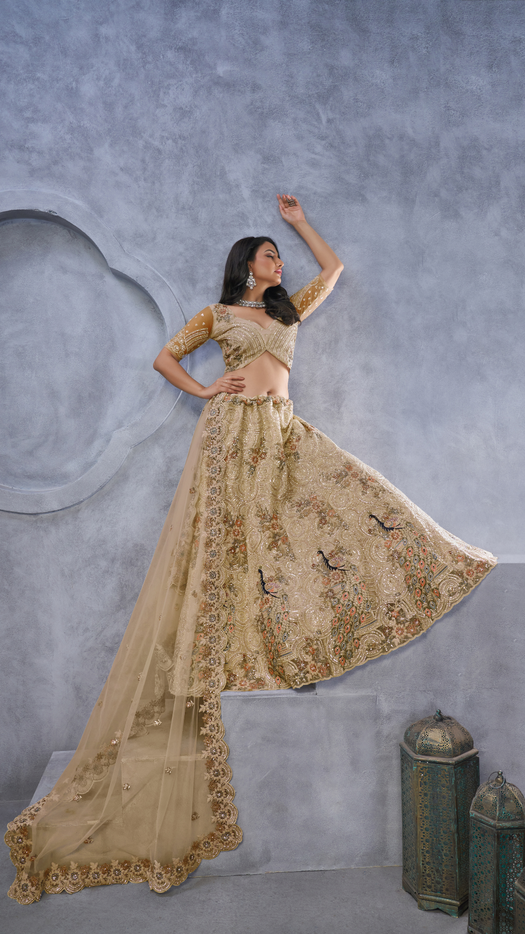 Golden Alluring Bel Butti pattern Golden Sangeet Lehenga Choli