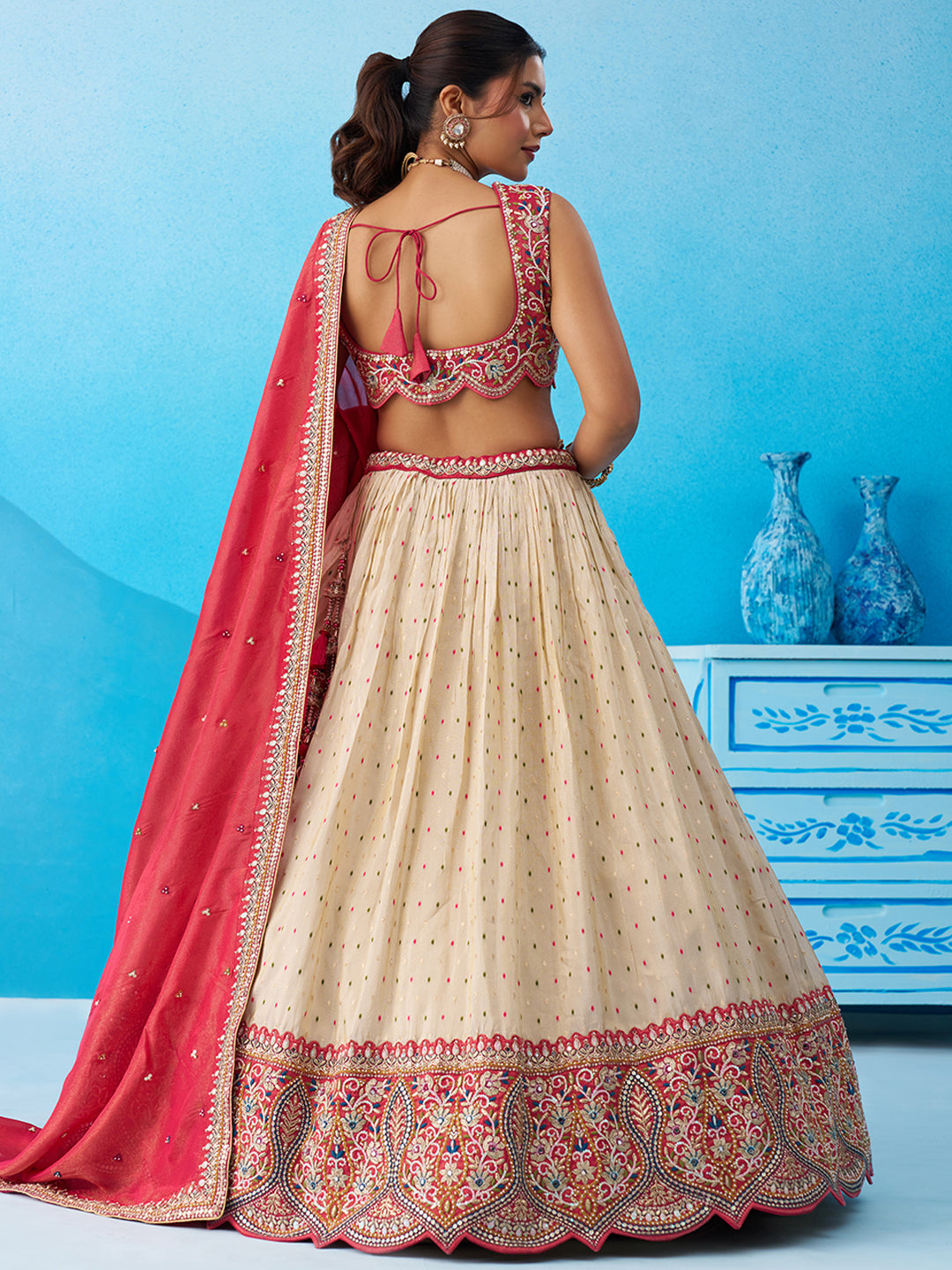 Cream & Pink Jacquard Tissue Sequined Thread & Embroidered Lehenga set