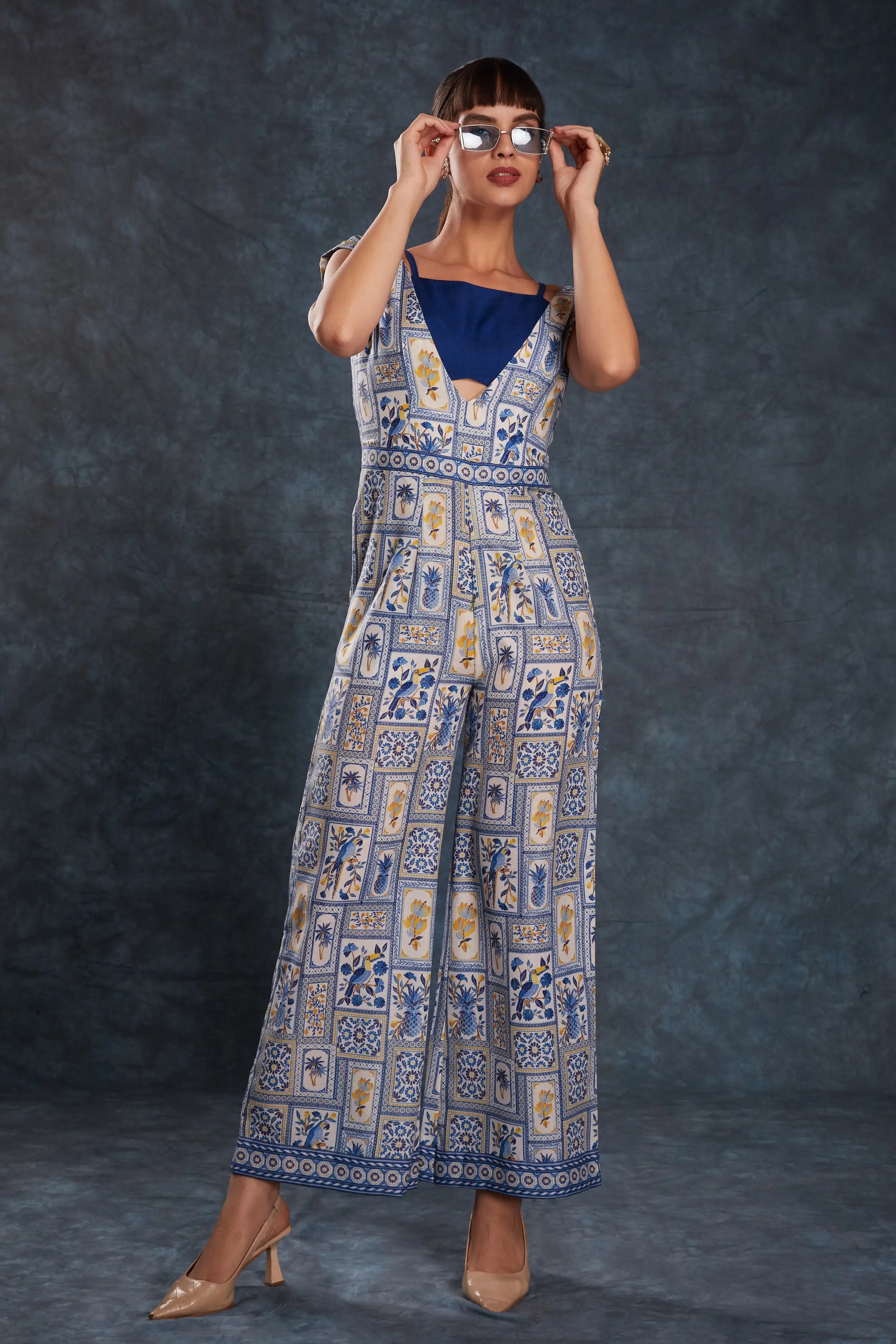 Navy Blue Printed Linen Co-ord Set - qivii