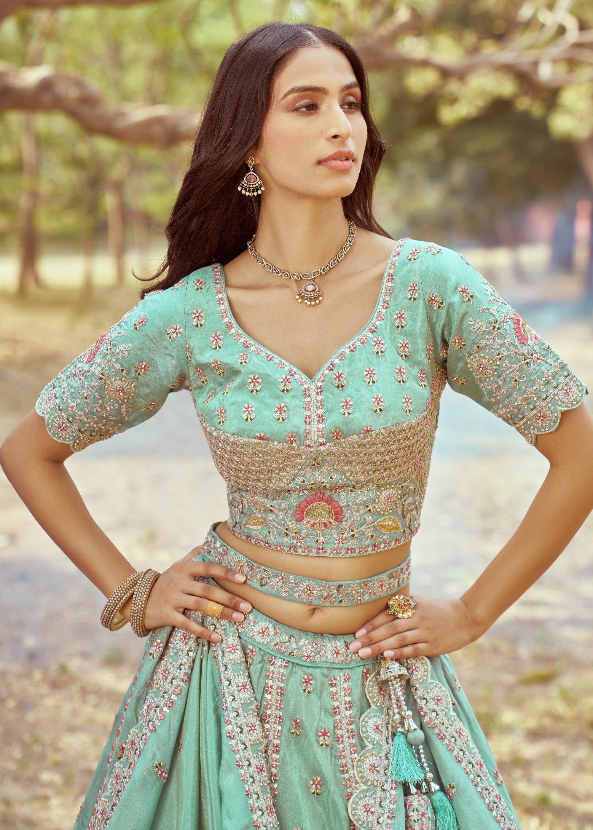 Seagreen Gold crushed Tissue Fabric Moti, Zari work Lehenga | Ready To Wear - qivii