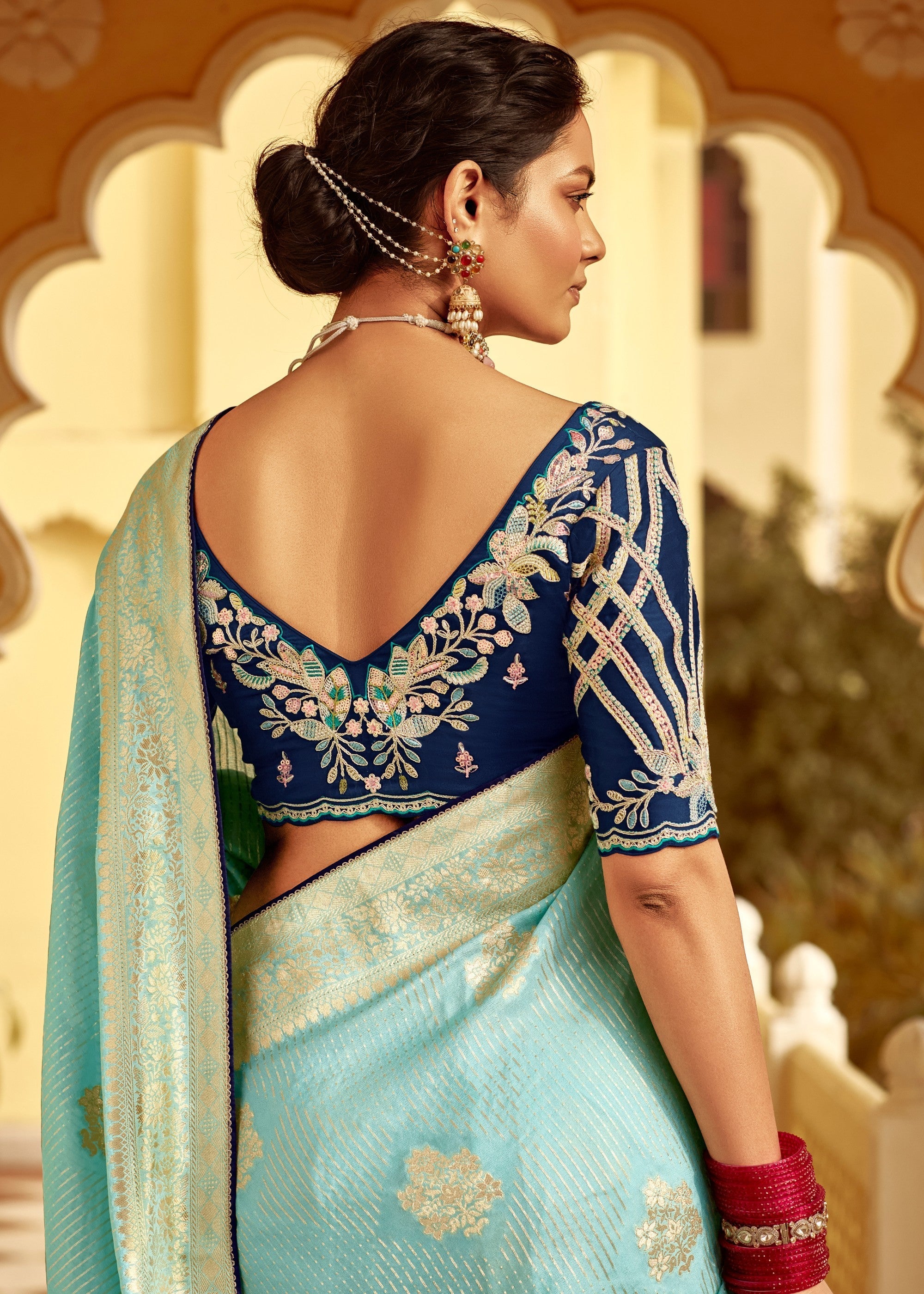 Sky Blue Dola Silk Saree Embellished With Weaving Work And Heavy Embroidered Blouse - qivii