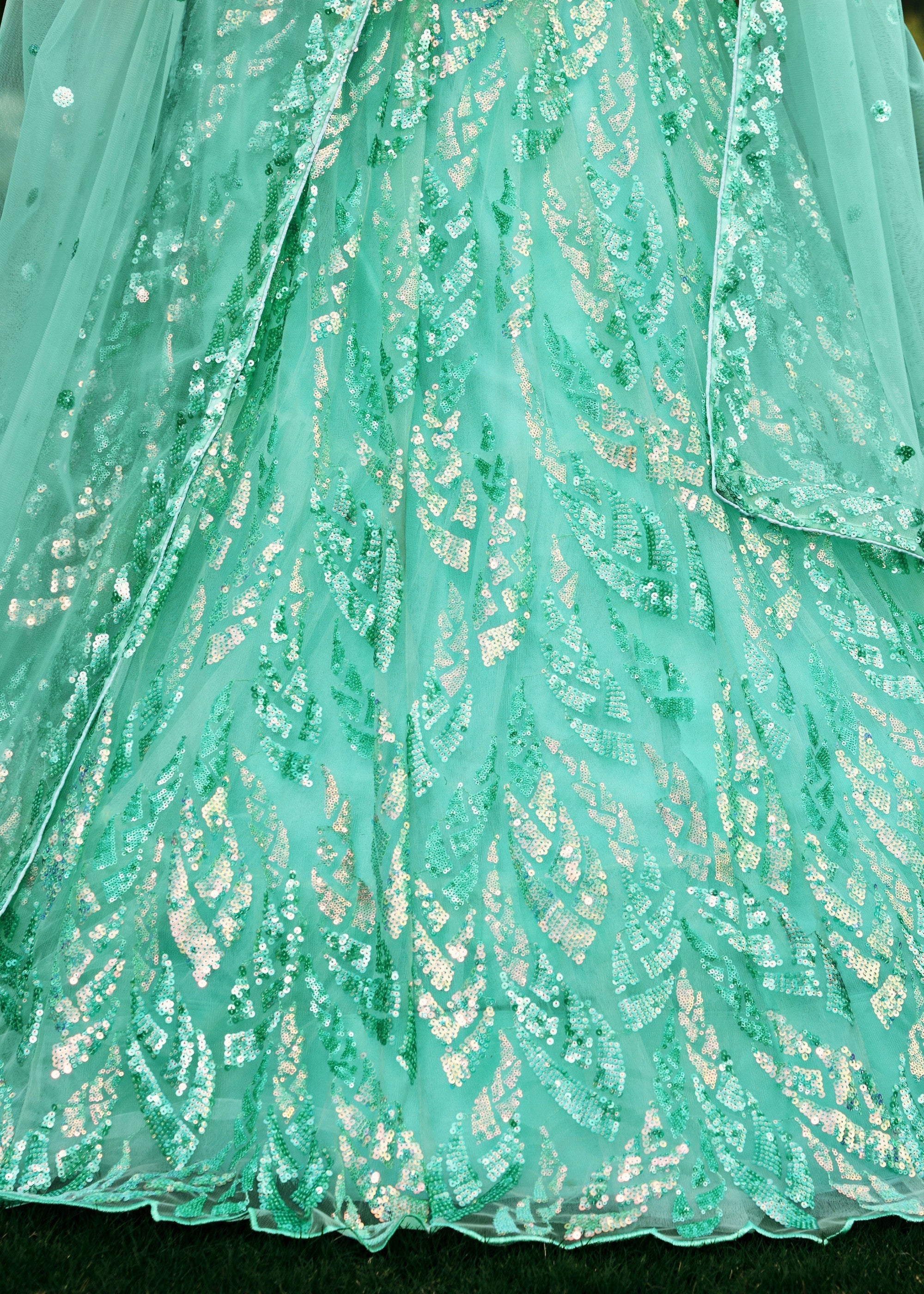 Aqua Blue Net Lehenga Choli With Multiple Sequins And Thread Embroidery Work | Ready To Wear - qivii