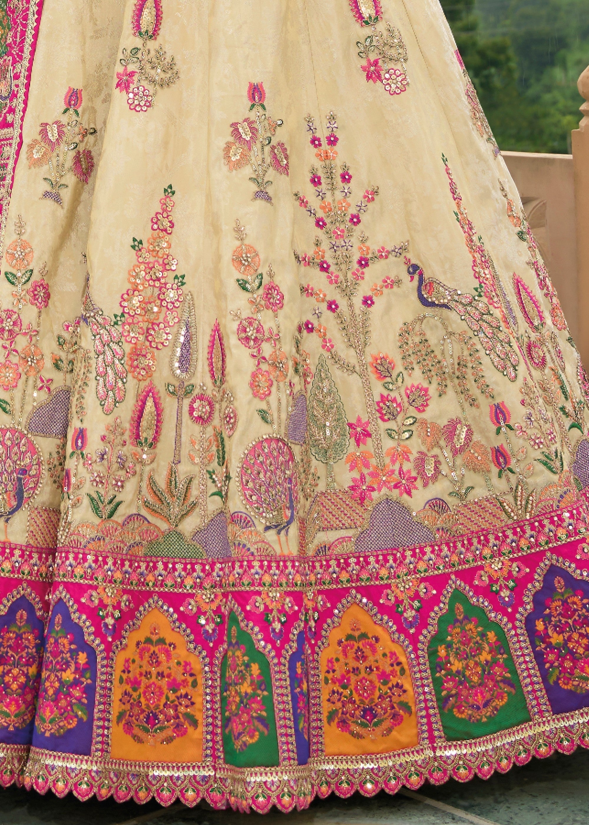 Pink And Cream Banarasi Silk Lehenga With Heavy Embroidery Work | Ready To Wear - qivii