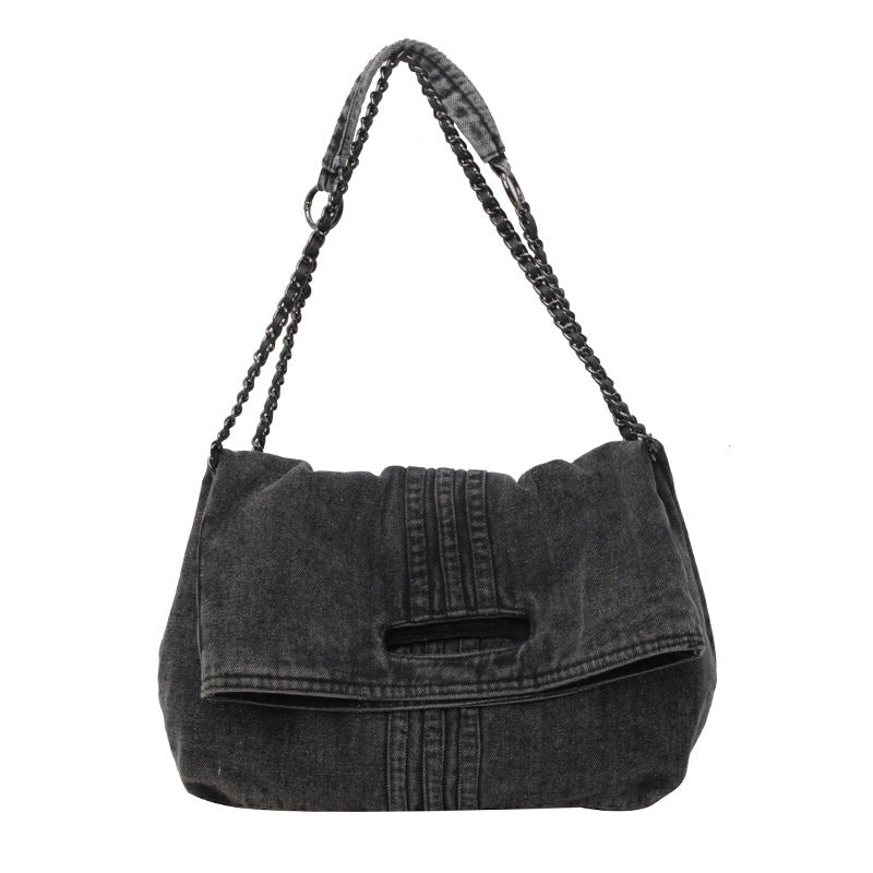 Women's Vintage Denim Tote Bag with Chain Strap – Structured Large-Capacity Crossbody & Shoulder Bag