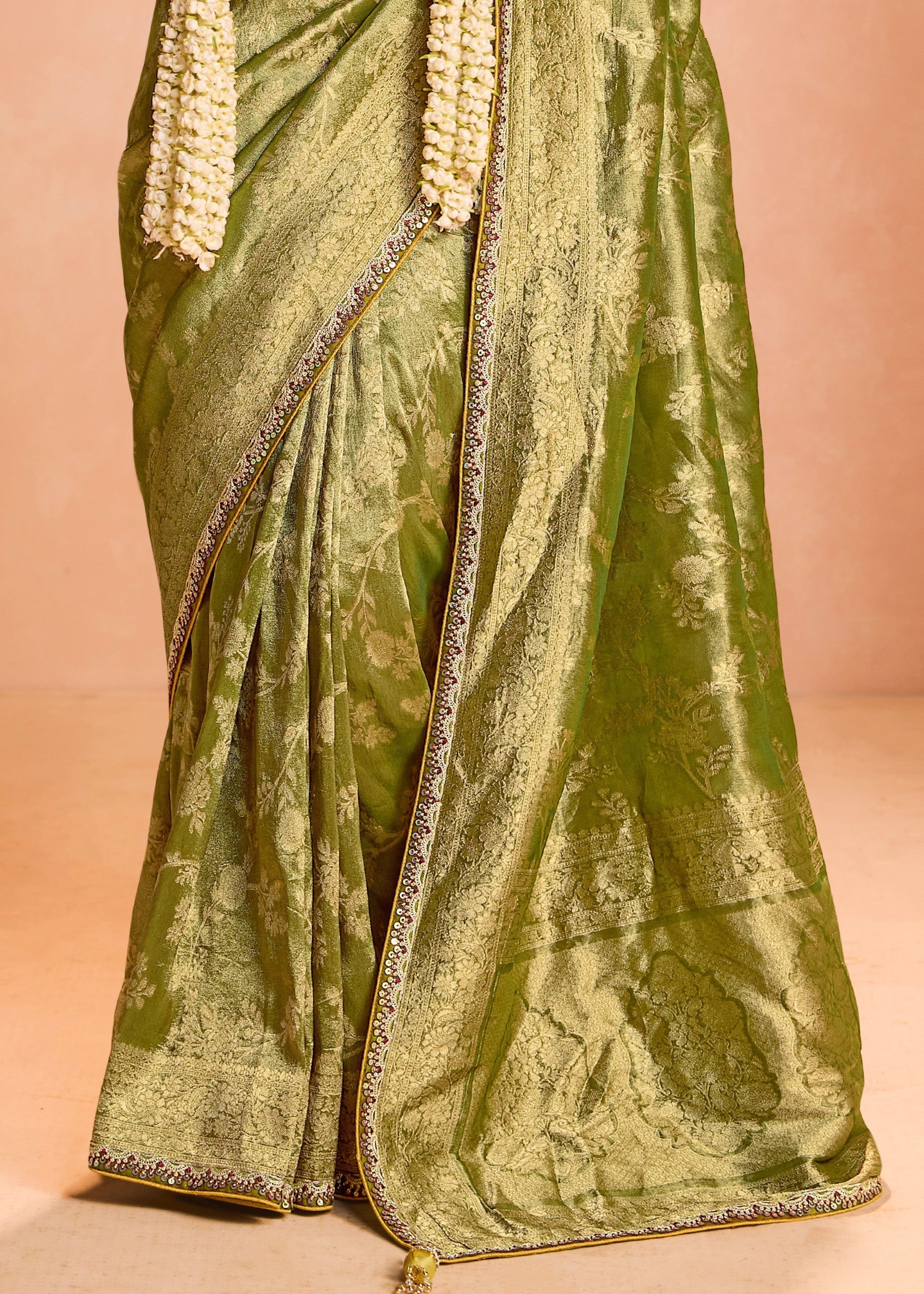 Lime Green Zari Tissue Silk Saree With Weaving Work And Heavy Embroidery Lace - qivii