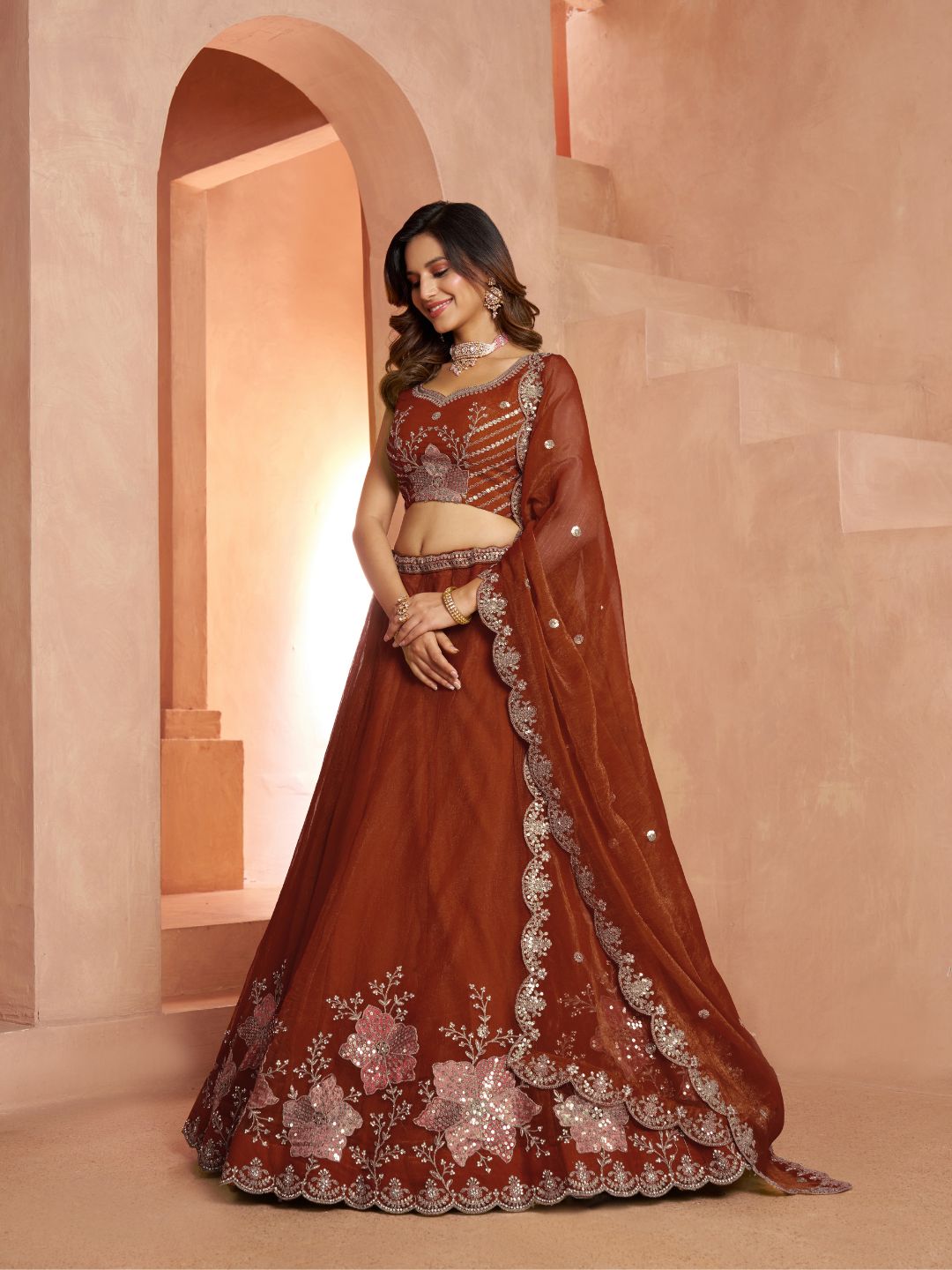 Rust Bridal Lehenga Choli with Intricate Bead and Sequins Embroidery