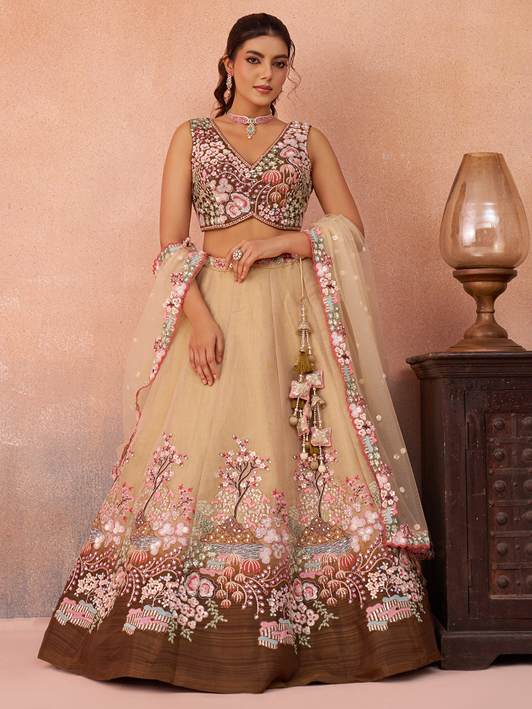 Brown Sequins Embroidered Omber Brown Lehenga Set