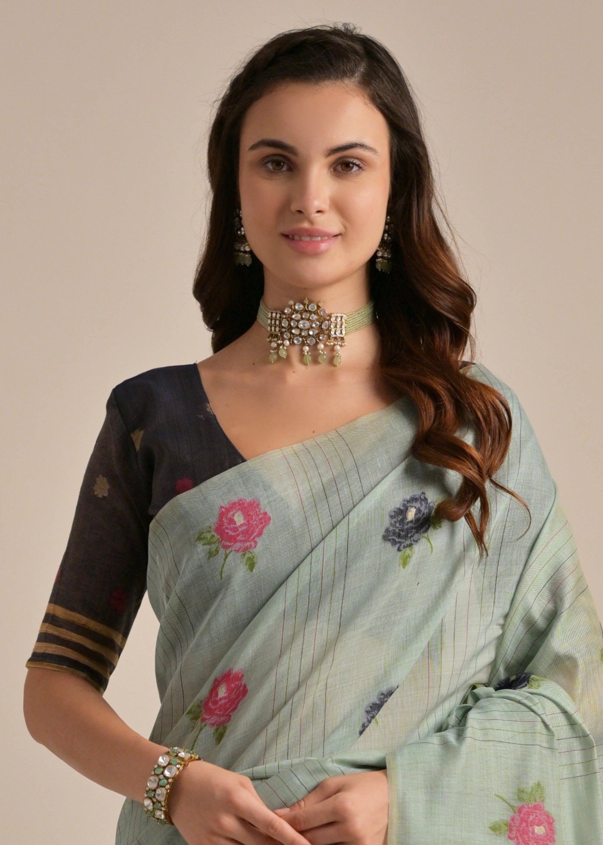 Cadet Blue Thread Woven Cotton Saree With Contrast Blouse - qivii