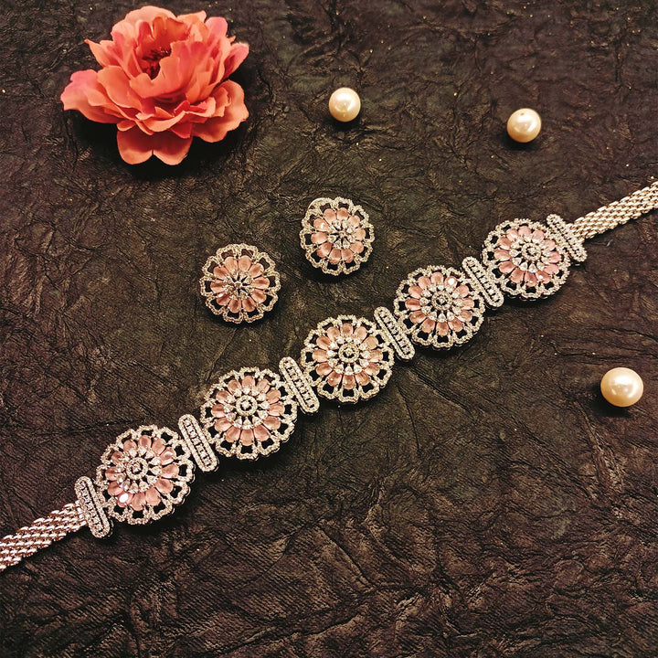 Neeya Baby Pink Diamond Silver Plated Necklace Set