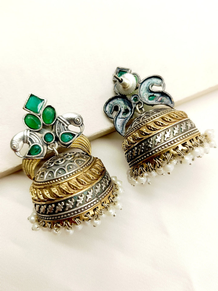 Taman Green Peacock Oxidized Jhumki