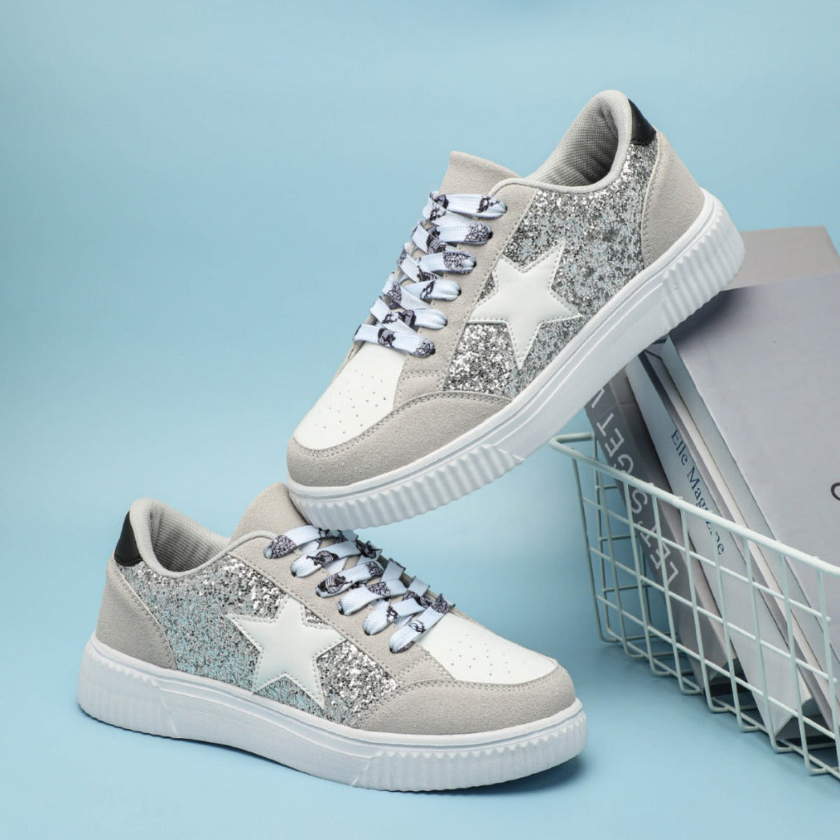 Women's Plus Size Trendy Sequins Skate Shoes - Soft Cushioned Lace-Up Casual Sneakers for Unisex Couples, Outdoor & School Streetwear