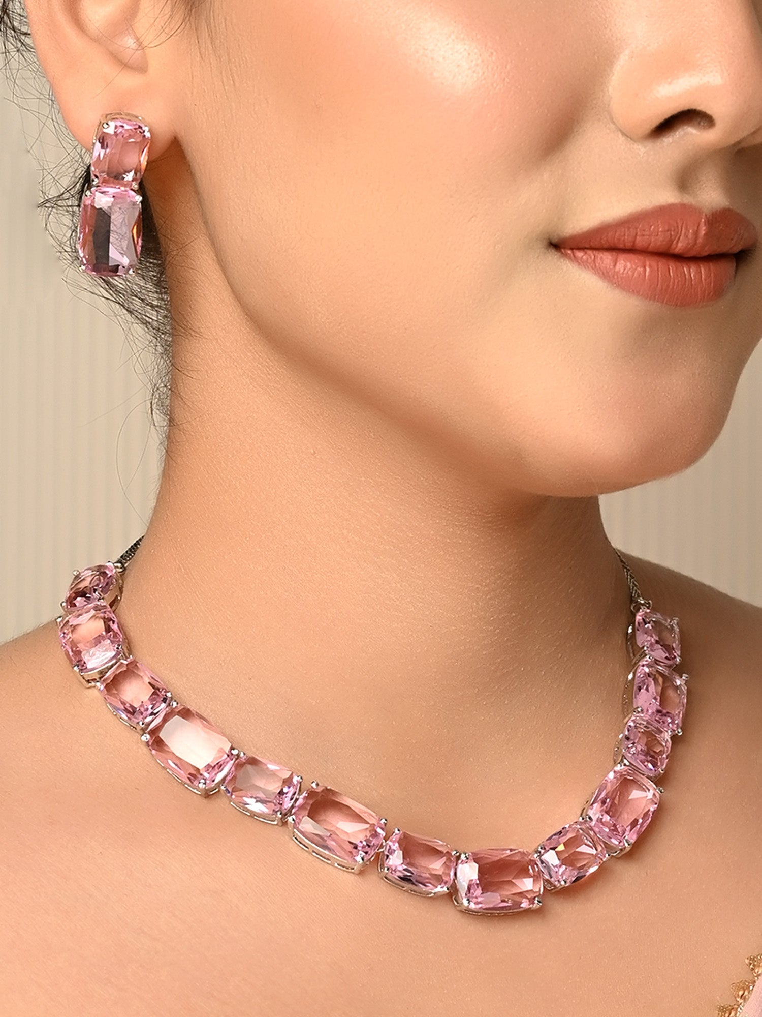 Damini Pink Swarovski Stone Necklace Set - qivii