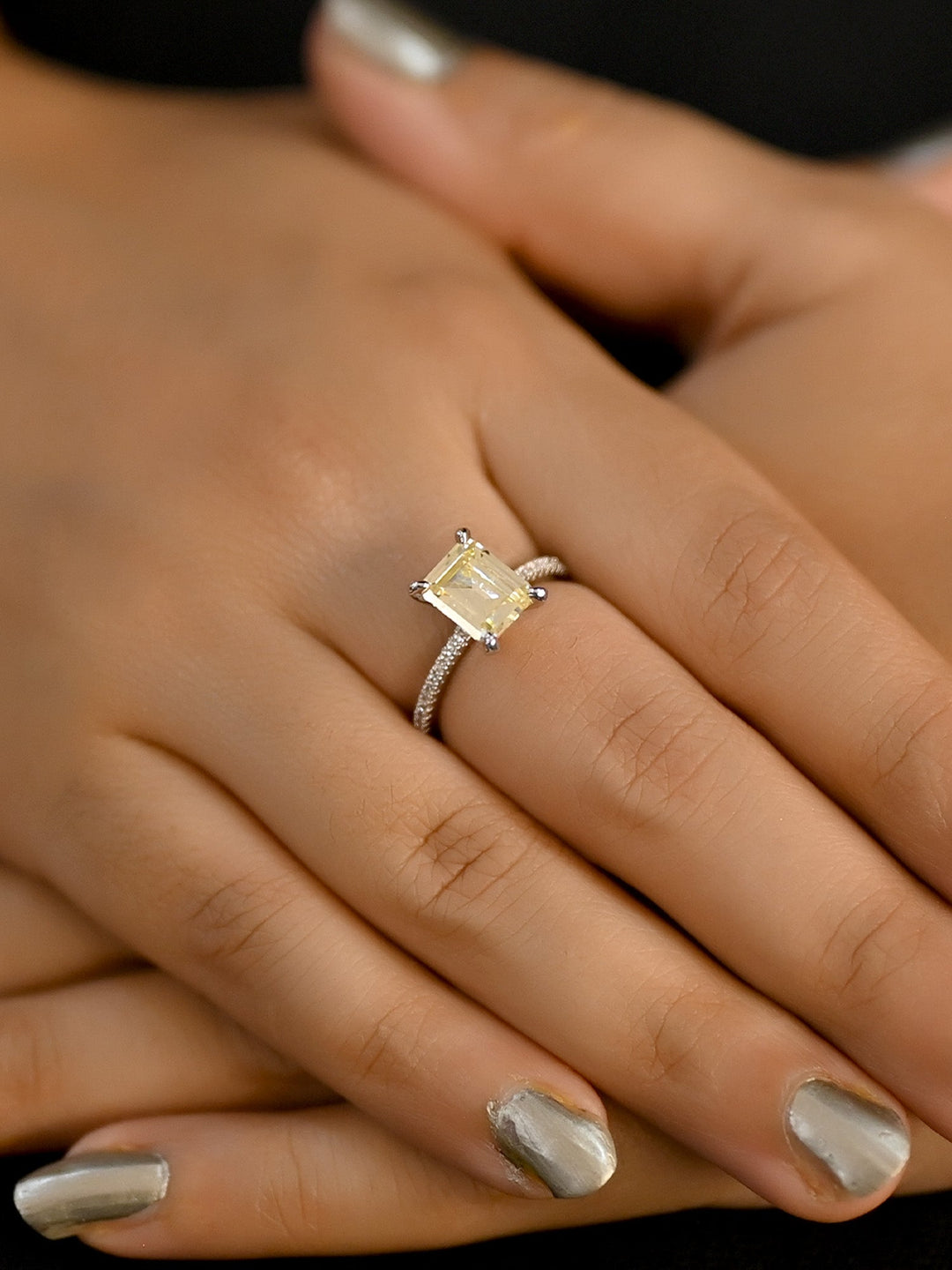  Stunning gold-plated Kaneri Yellow American Diamond Finger Ring with elegant
details