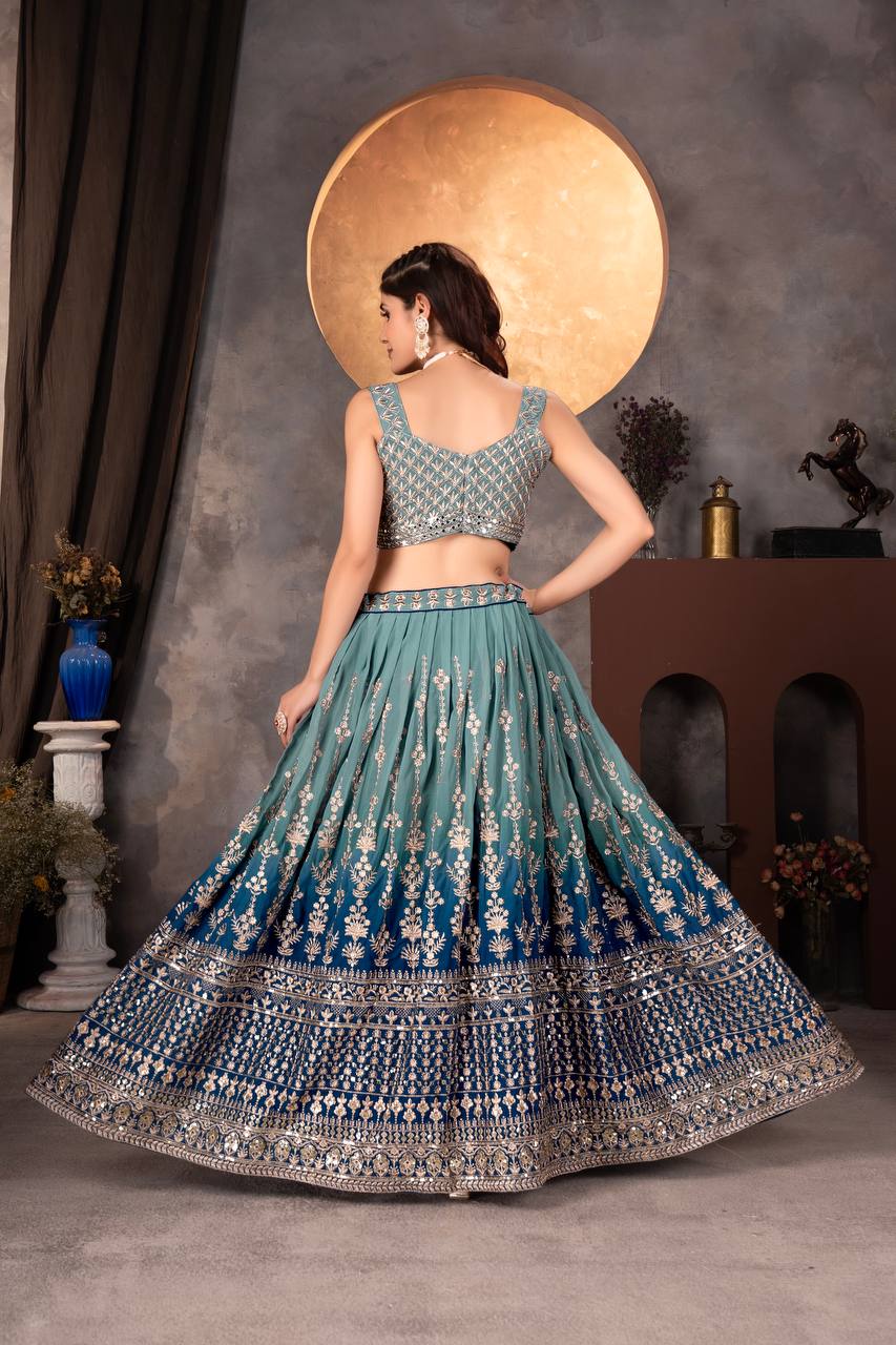 MULTI COLOR PURE FAUX GEORGEET 2D PEDDING WITH EMBROIDERY DESIGN WORK LEHENGA - INSPIRED | Ready To Wear - qivii