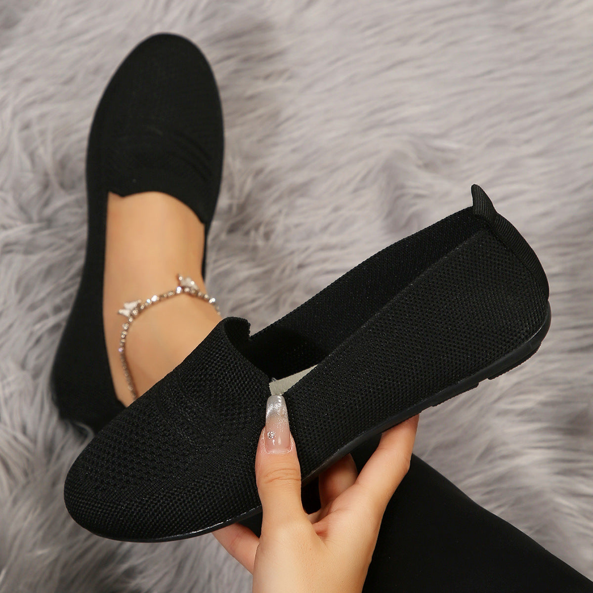 Women's Wide Width Casual Flat Slip On Shoes Breathable Knit Low Cut Soft Sole Comfort
