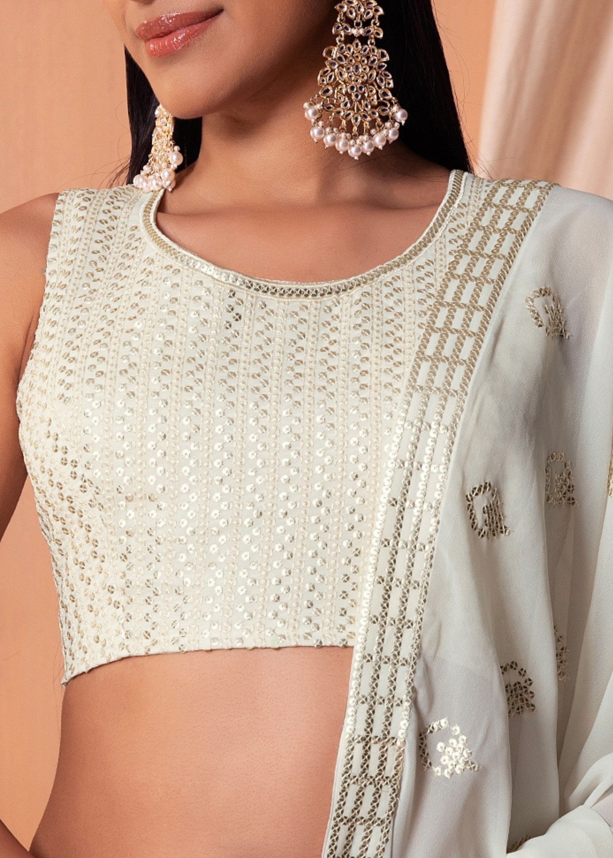 Off White Georgette Lehenga Choli With Sequins And Thread Embroidery Work | Ready To Wear - qivii